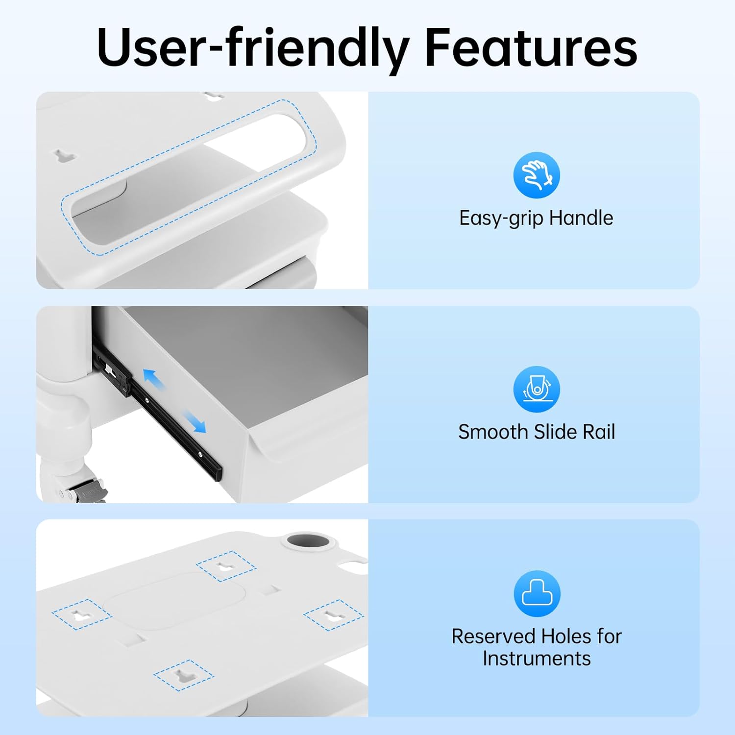 Beauty Instrument Trolley Cart, Freestanding Mobile Trolley with 4 Wheels 66lbs Storage Cart with 3 Drawers, Lab Rolling Storage Cart for Spas, Homes, Labs, Salons