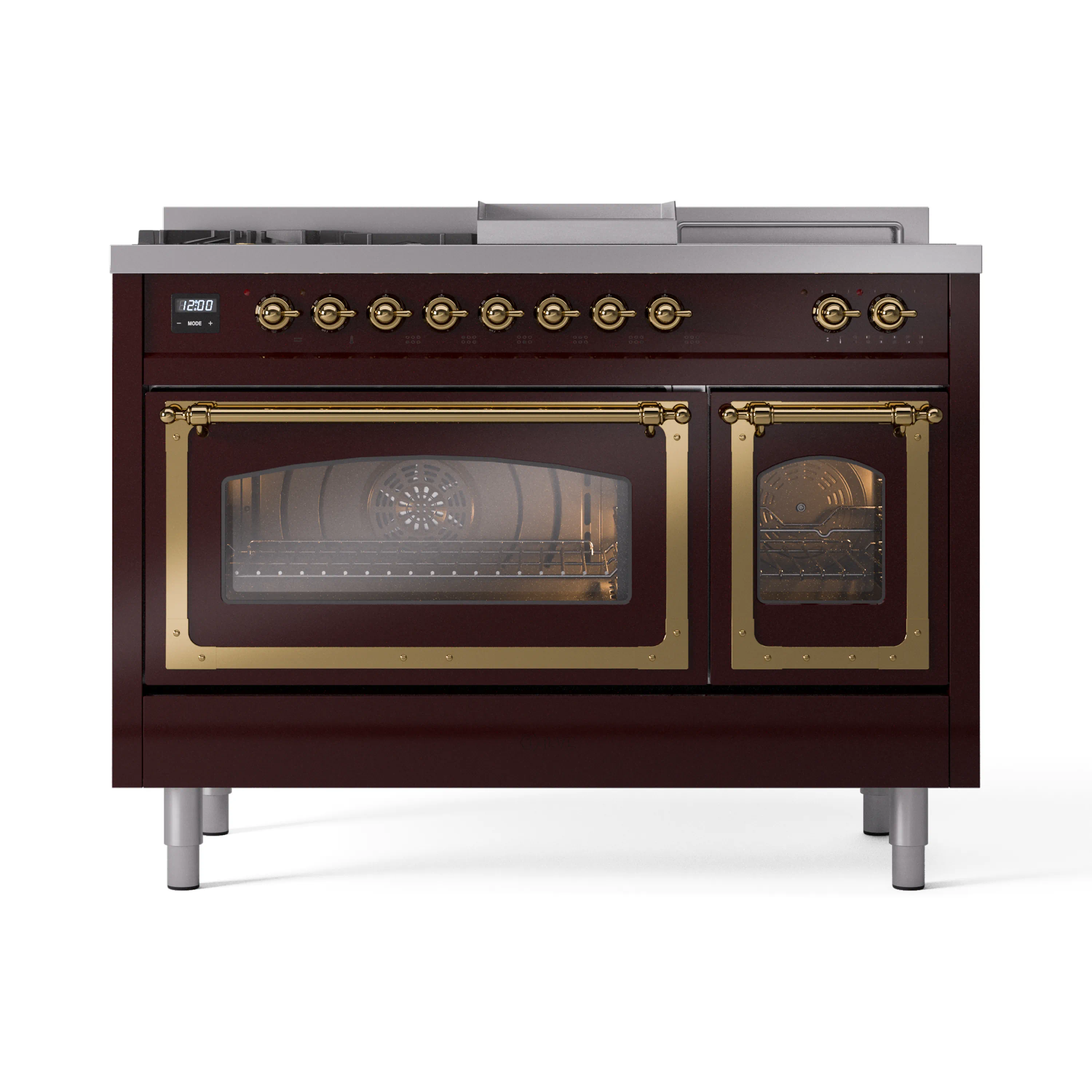 ILVE Nostalgie II Noblesse 48-Inch Dual Fuel Range with 5 Burners, Griddle, & French Top with Triple Glass Door Oven in Burgundy with Brass Trim (UN48FSNMPBUG)