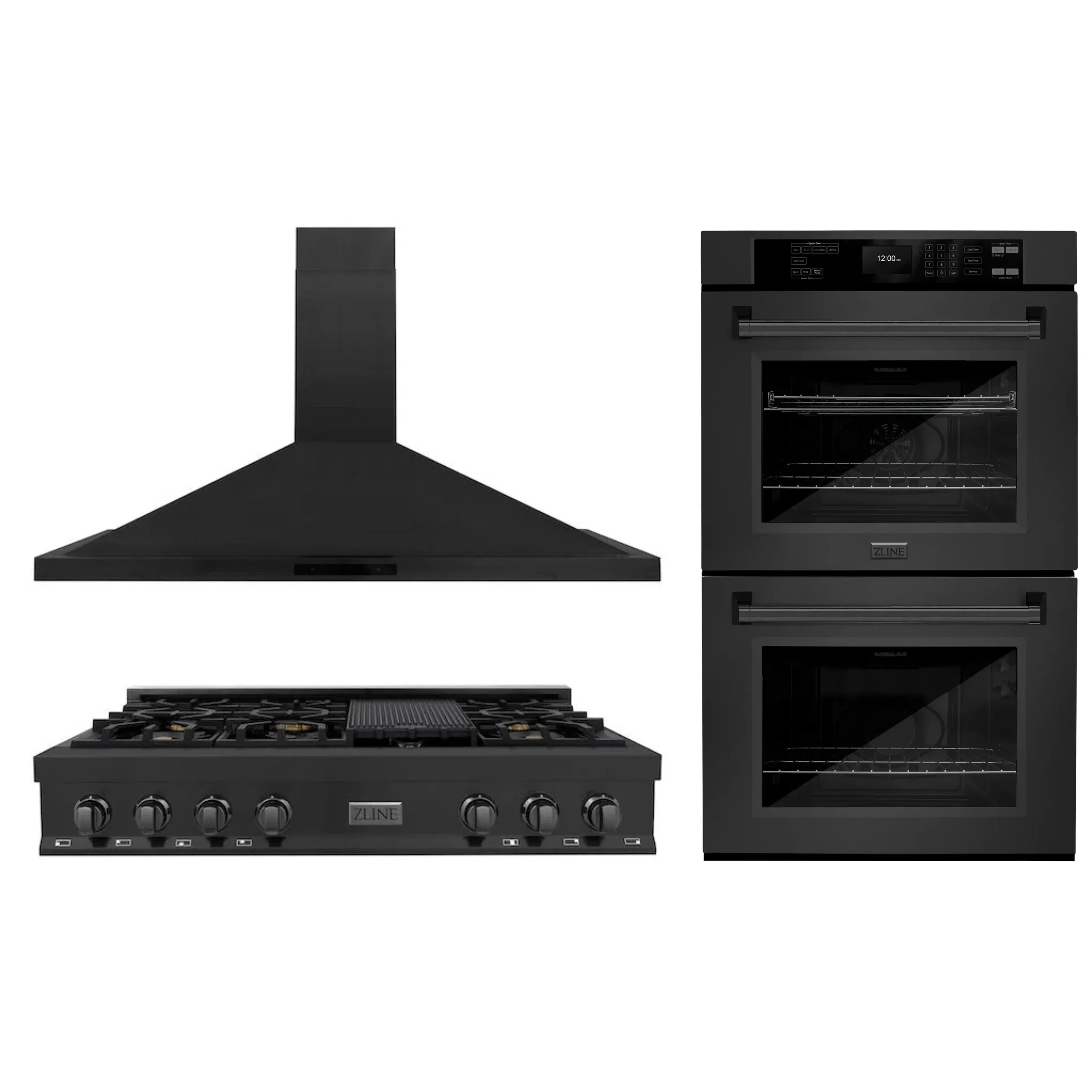 ZLINE 3-Piece Appliance Package - 48-Inch Rangetop, Double Wall Oven, and Convertible Wall Mount Range Hood in Black Stainless Steel (3KP-RTBRH48-AWD)