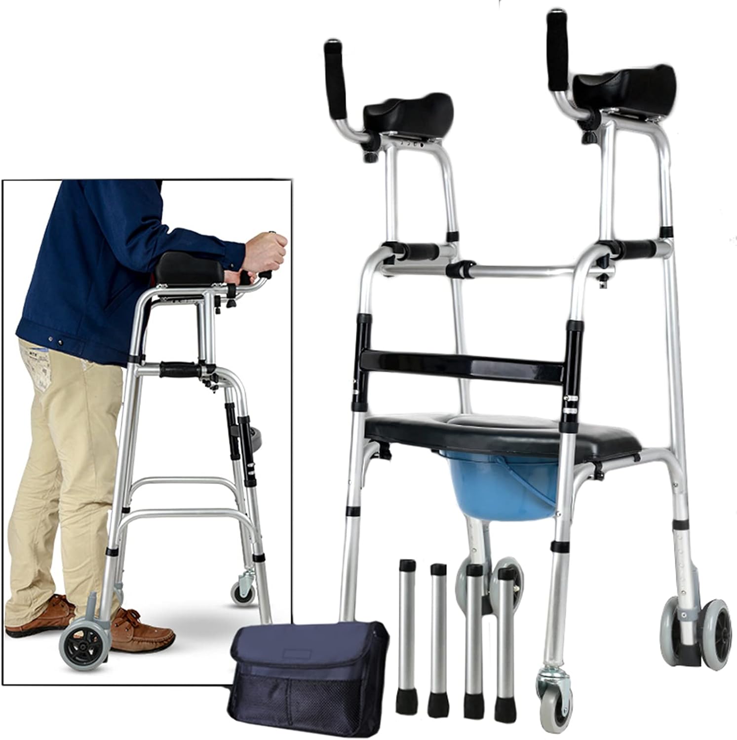 Trolleys Trolley Walking Frame Aluminum Seniors Upright Walker for Tall People Folding Rollator with Armrest Support Helper Trolley Mobility Aid Walker with Toilet(Walker with Toilet