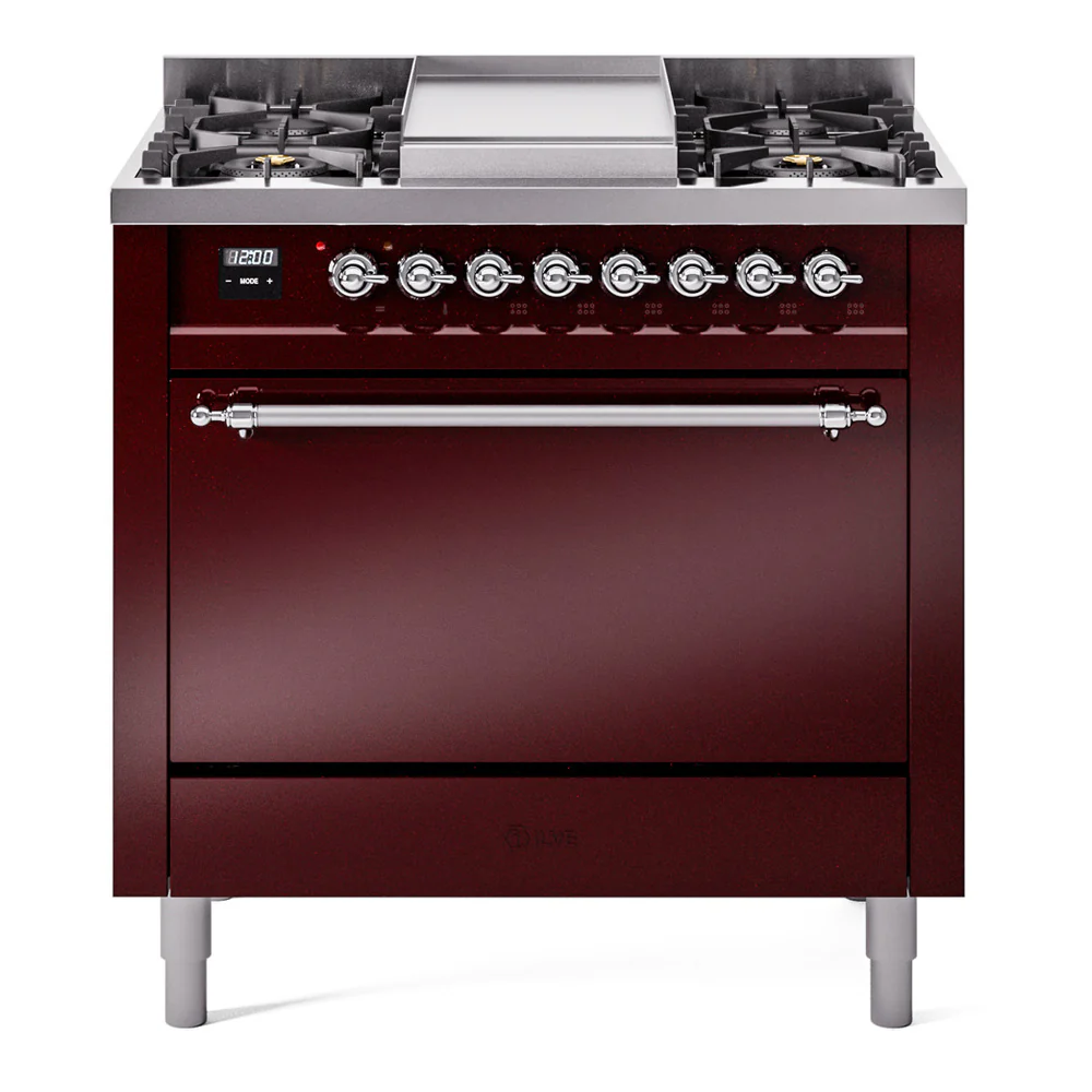 ILVE 36-Inch Nostalgie II Dual Fuel Range with 6 Burners and Solid Door Oven in Burgundy with Chrome Trim (UP36FQNMPBUC)