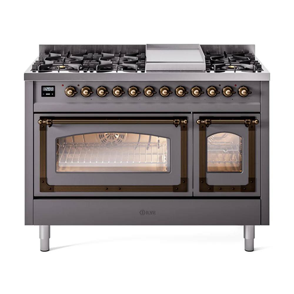 ILVE Nostalgie II Noblesse 48-Inch Dual Fuel Freestanding Range in Matte Graphite with Bronze Trim (UN48FNMPMGB)