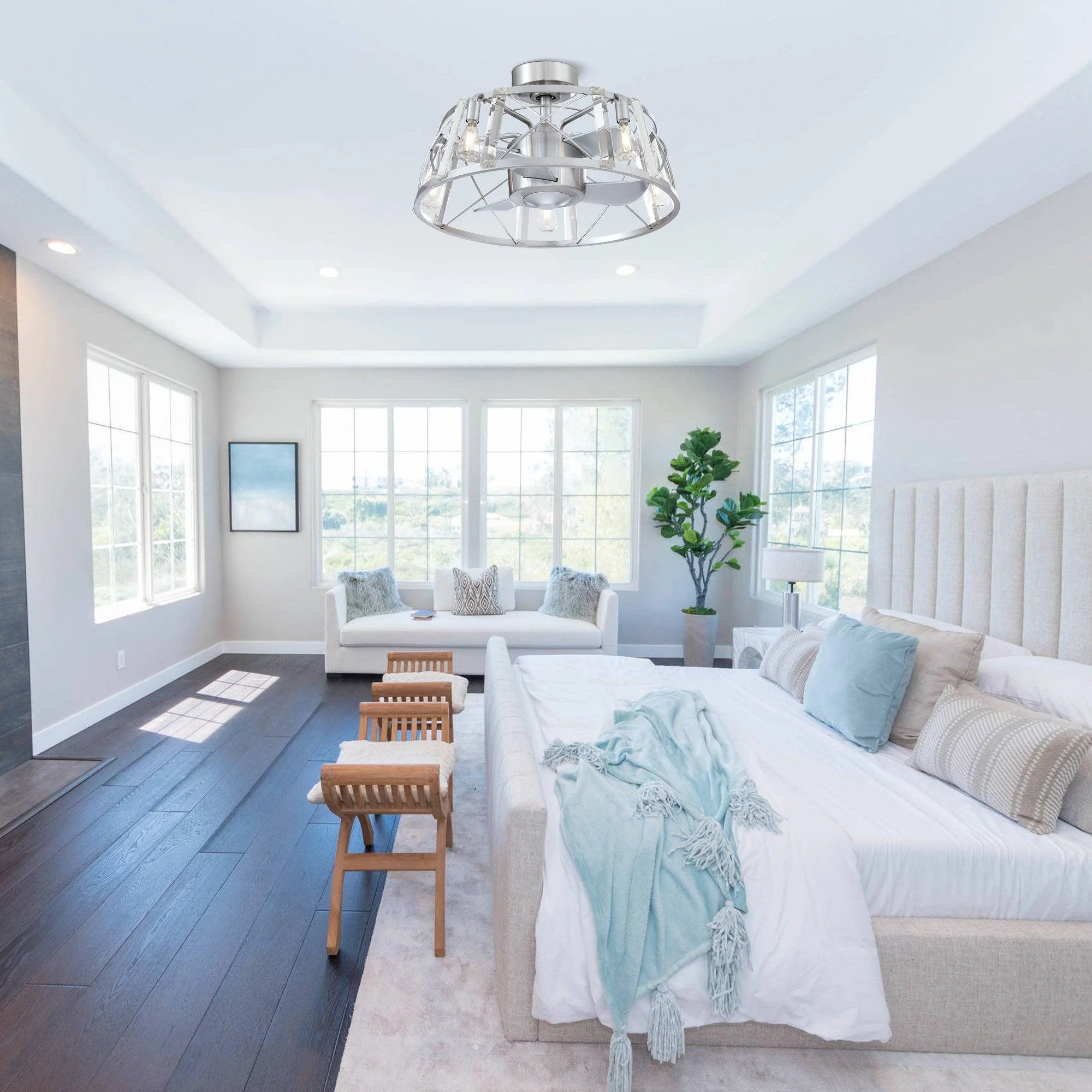 Parrot Uncle 23-Inch Modern Satin Nickel DC Motor Downrod Mount Reversible Fandelier Ceiling Fan with Lighting and Remote Control