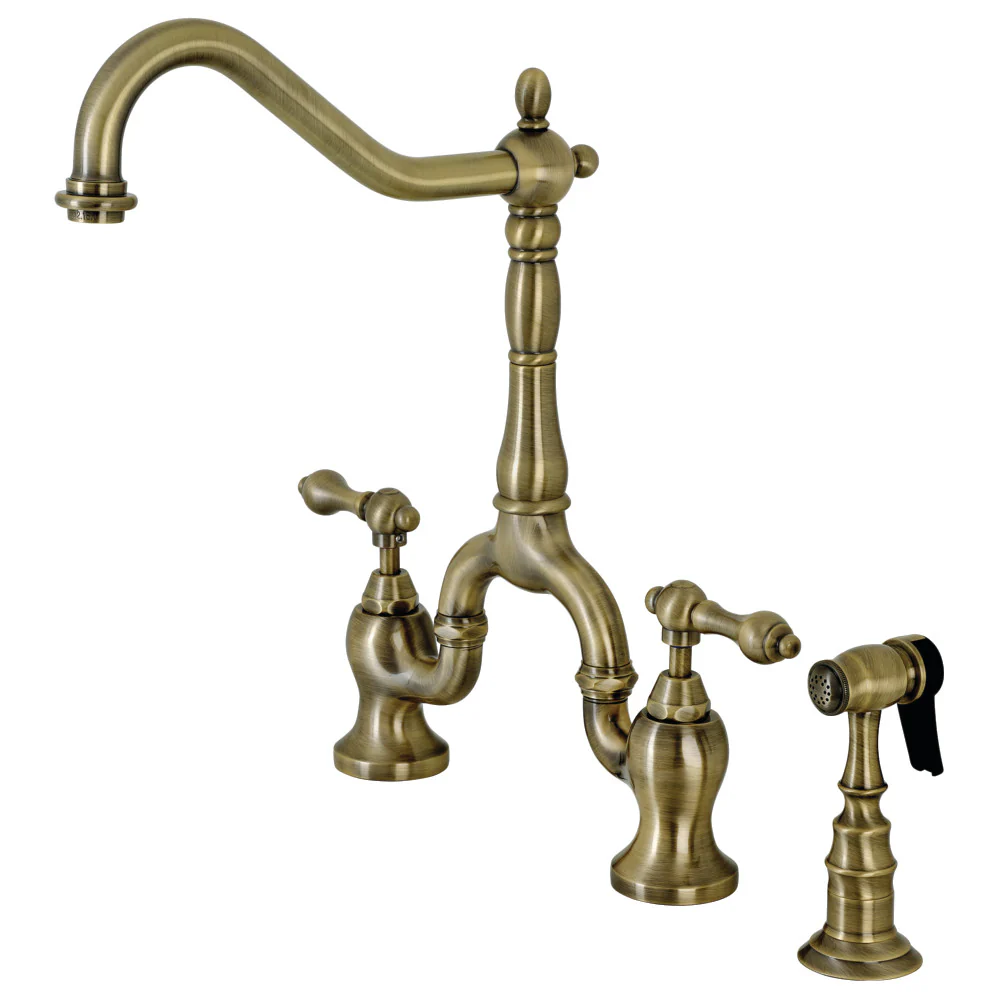 Kingston Brass English Country Bridge Kitchen Faucet with Brass Side Sprayer, Antique Brass (KS7753ALBS)