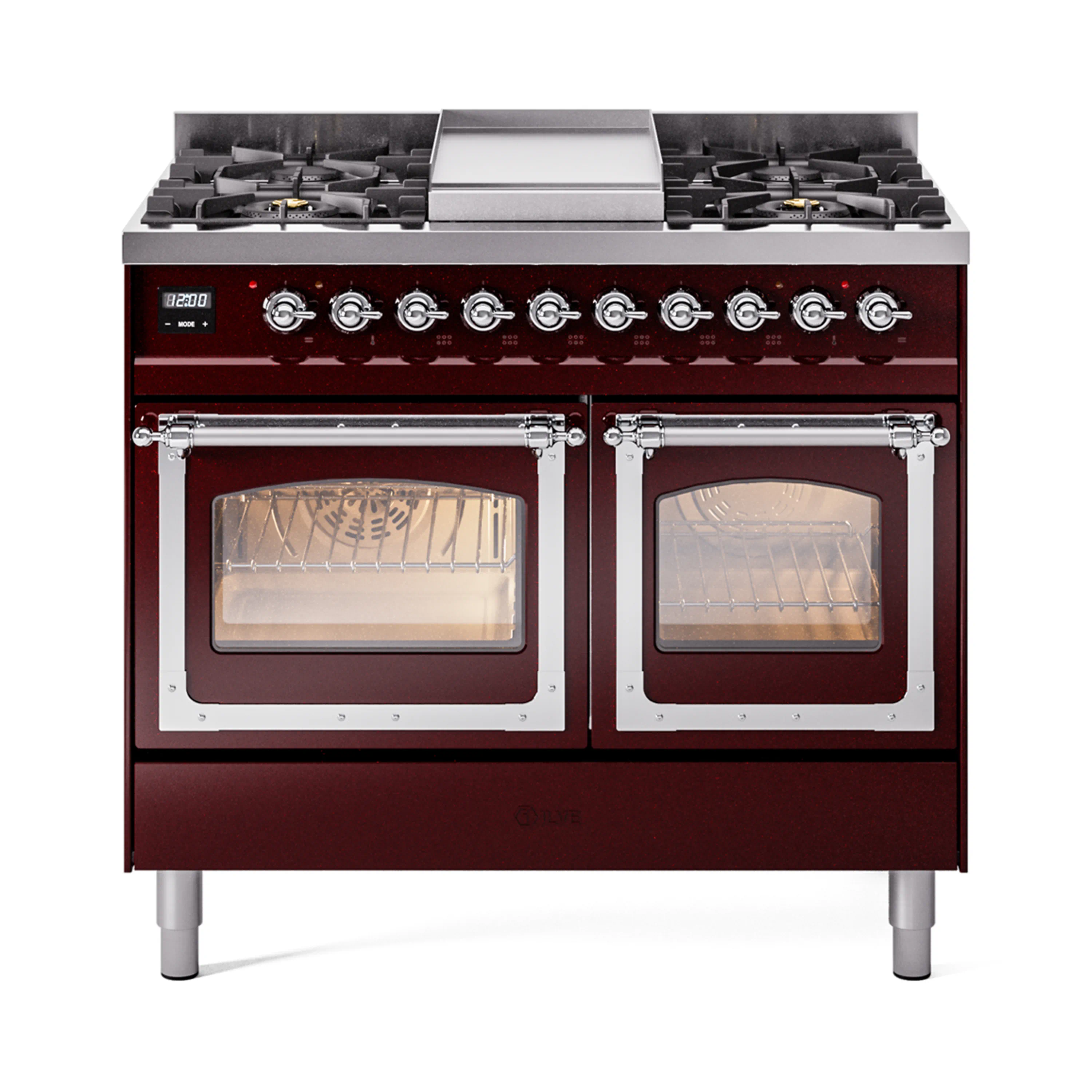 ILVE 40-Inch Nostalgie II Noblesse Dual Fuel Range with Triple Glass Door Oven in Burgundy with Chrome Trim (UND40FNMPBUC)