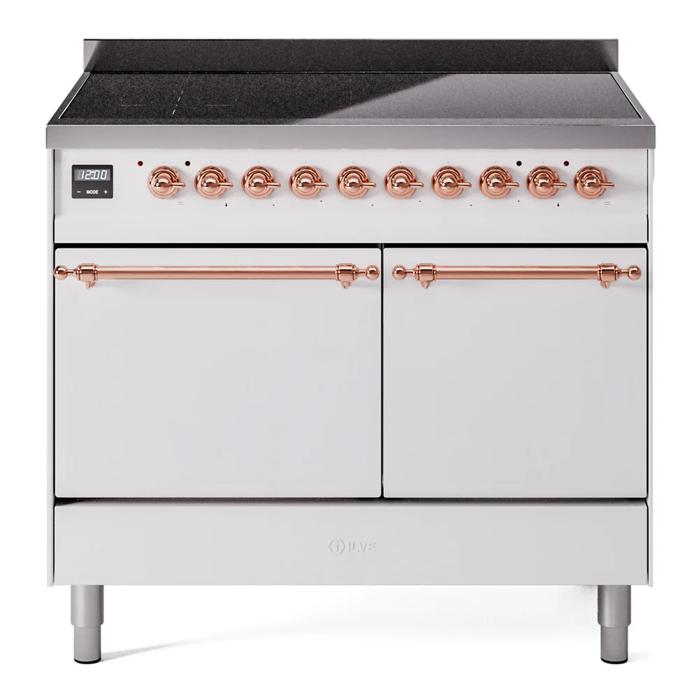 ILVE 40-Inch Nostalgie II Induction Range with Solid Door Oven in White with Copper Trim (UPDI406QNMPWHP)