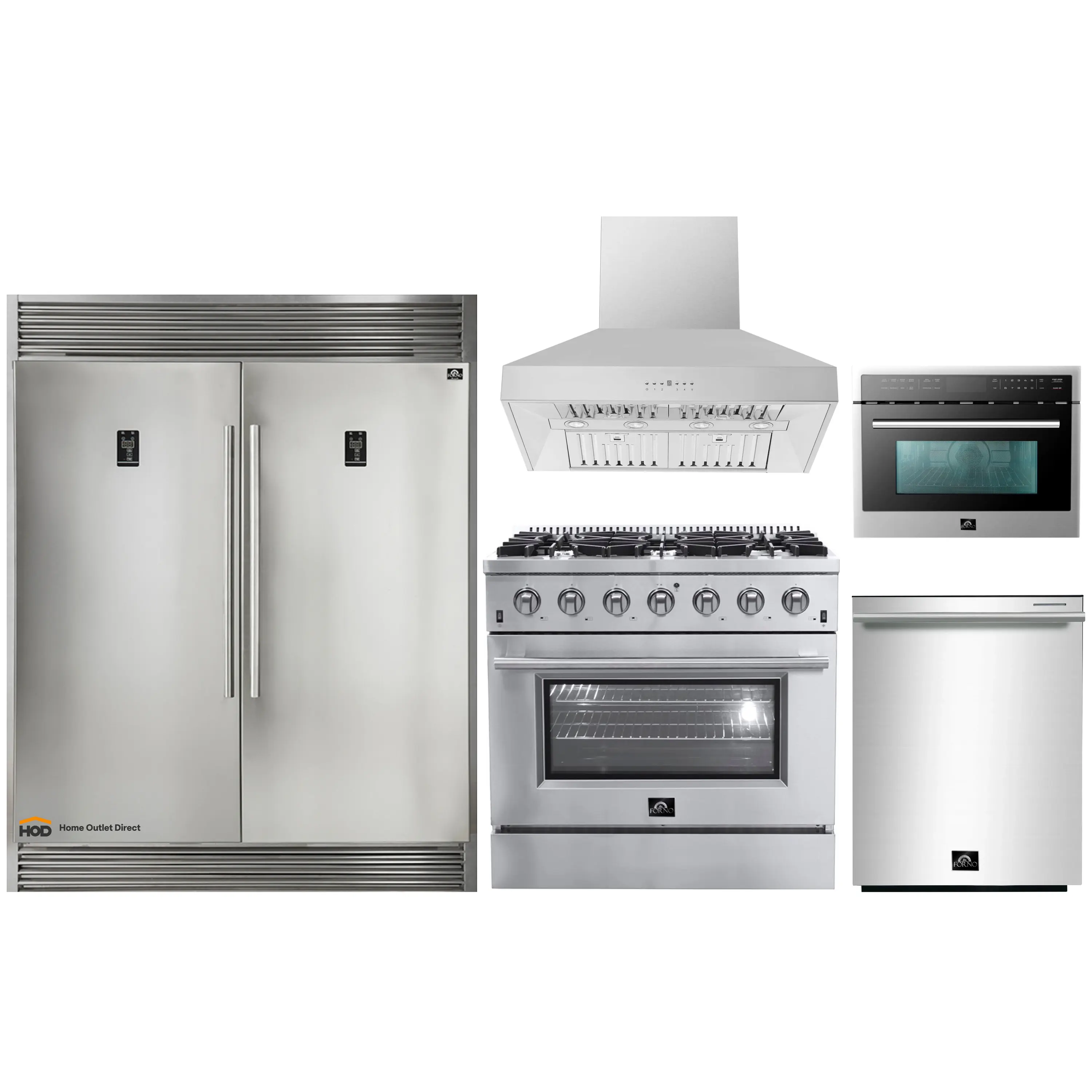 Forno 5-Piece Appliance Package - 36-Inch Gas Range, 60-Inch Pro-Style Refrigerator, Wall Mount Hood, 24-Inch Microwave Oven, & 3-Rack Dishwasher in Stainless Steel