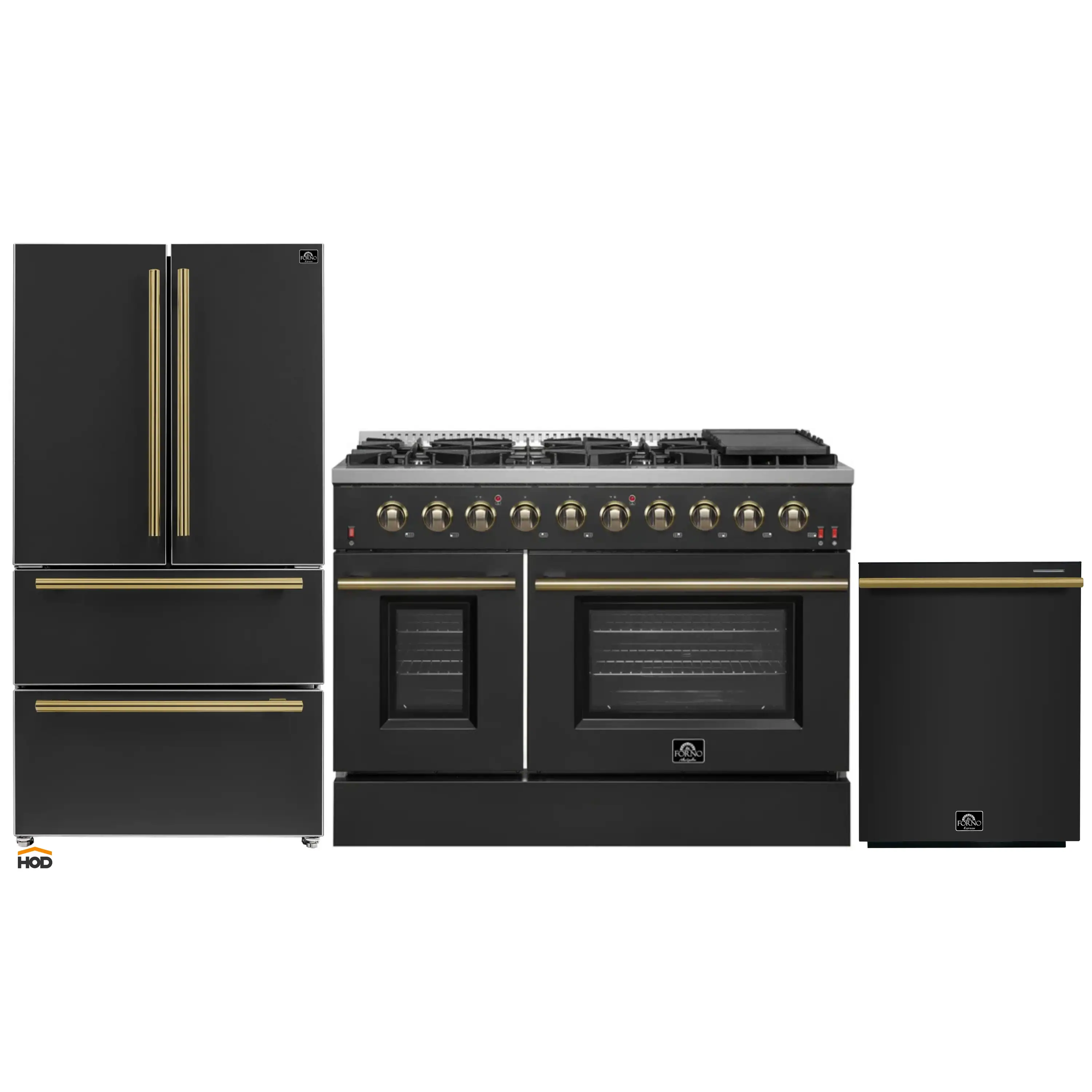 Forno Galiano 3-Piece Appliance Package - 48-Inch Gas Range, 36-Inch Refrigerator, & 24-Inch Dishwasher in Black with Antique Brass Trim