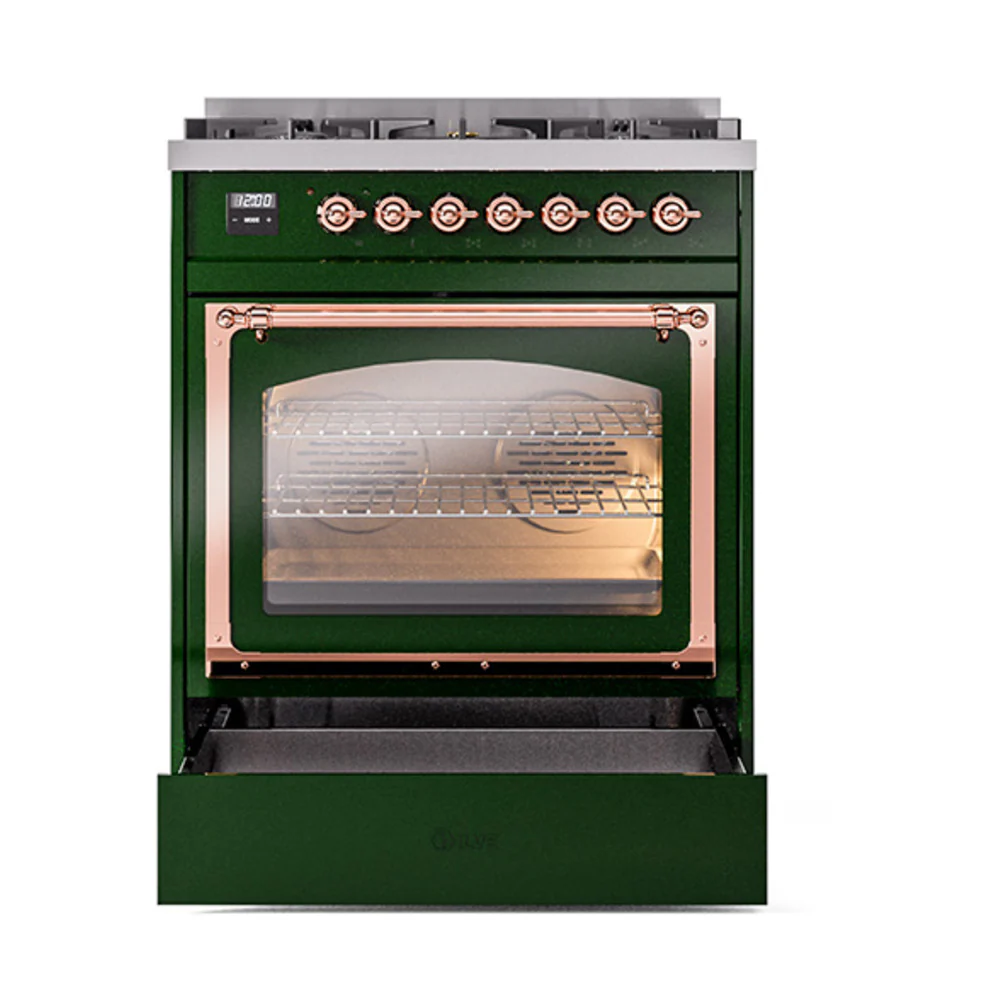 ILVE Nostalgie II Noblesse 30-Inch Dual Fuel Range with Triple Glass Door in Emerald Green with Copper Trim (UN30NMPEGP)