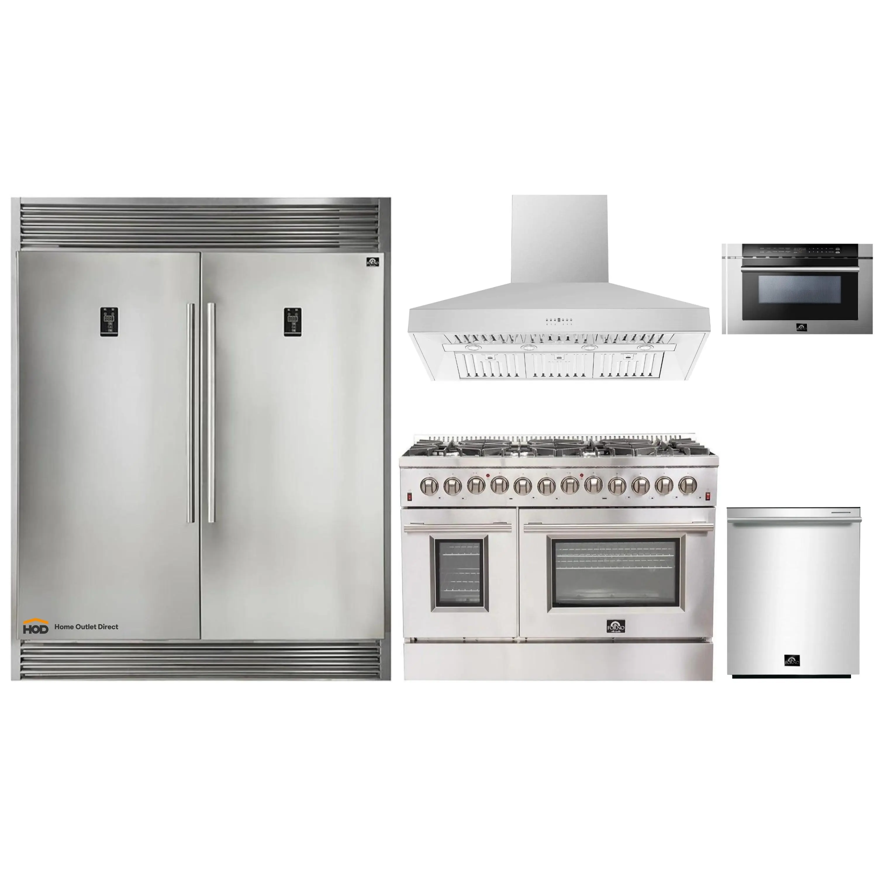 Forno 5-Piece Appliance Package - 48-Inch Dual Fuel Range, 60-Inch Pro-Style Refrigerator, Wall Mount Hood, 24-Inch Microwave Drawer, & 3-Rack Dishwasher in Stainless Steel