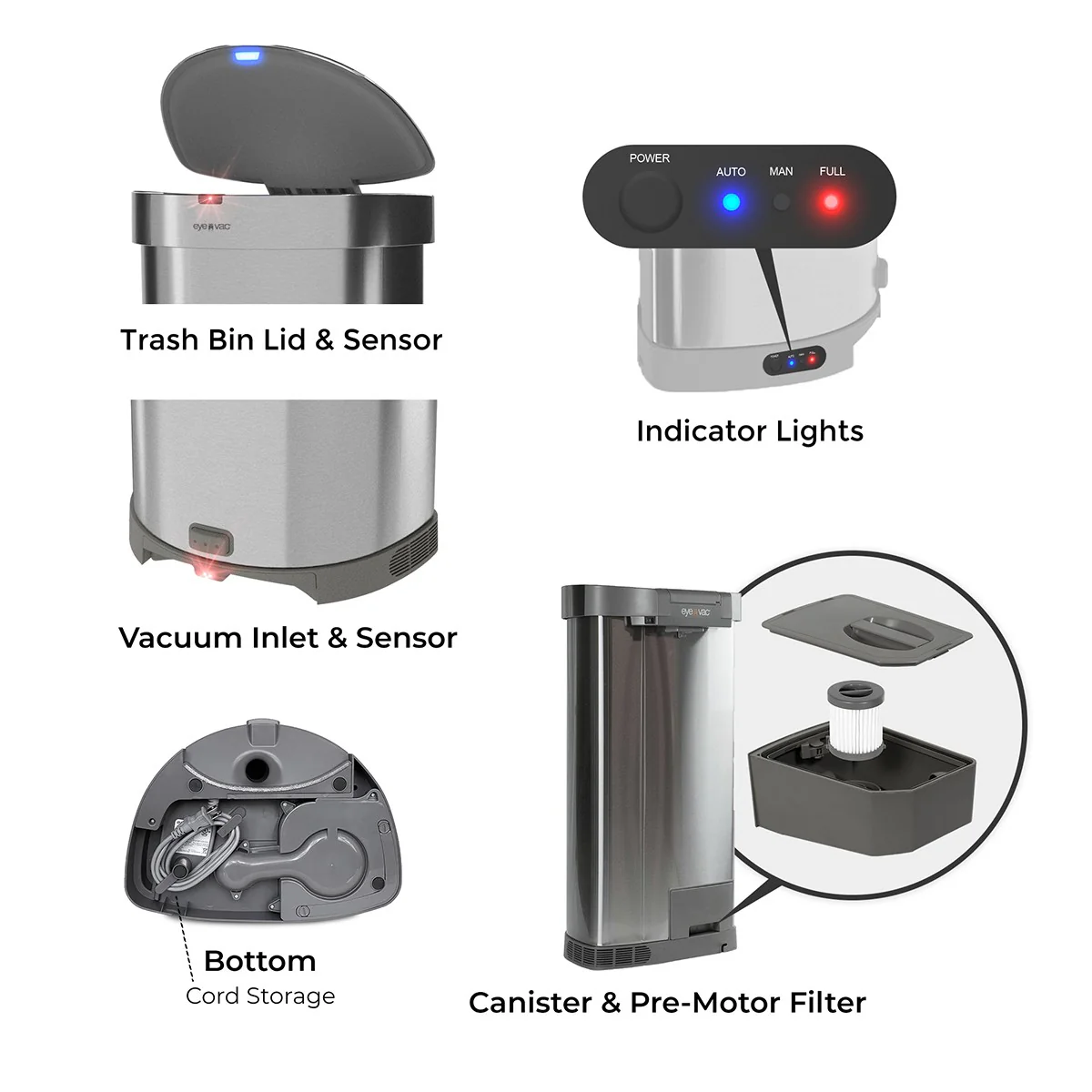 EyeVac+ Touchless Trash Can & Vacuum Silver EV+S