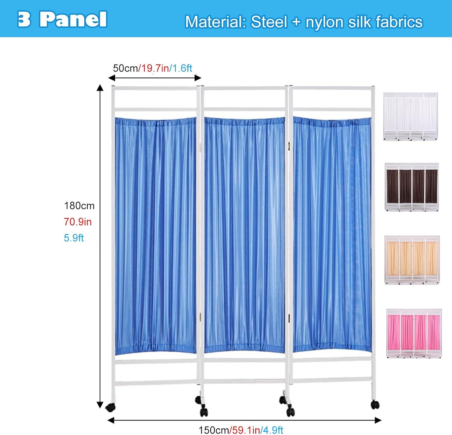 Blue Folding Medical Privacy Screen on Wheels, Portable Freestanding Room Divider/Partitions for Hospitals Beauty Salon Nursing Home Ward Examination Room, with(6panel