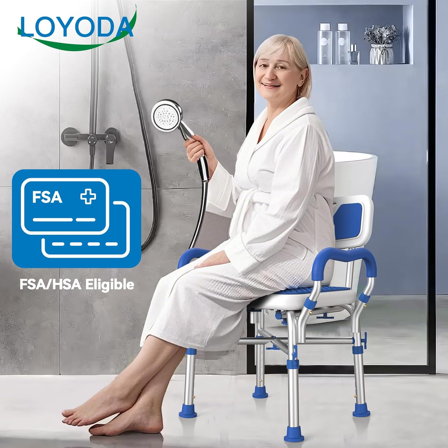 FSA/HSA Eligible Shower Chair for Inside Shower with Reinforced Crossing Bar, Heavy Duty Shower Seat 500lbs with Padded Arms and Back, Height Adjustable Shower Chair for Elderly and Disabled