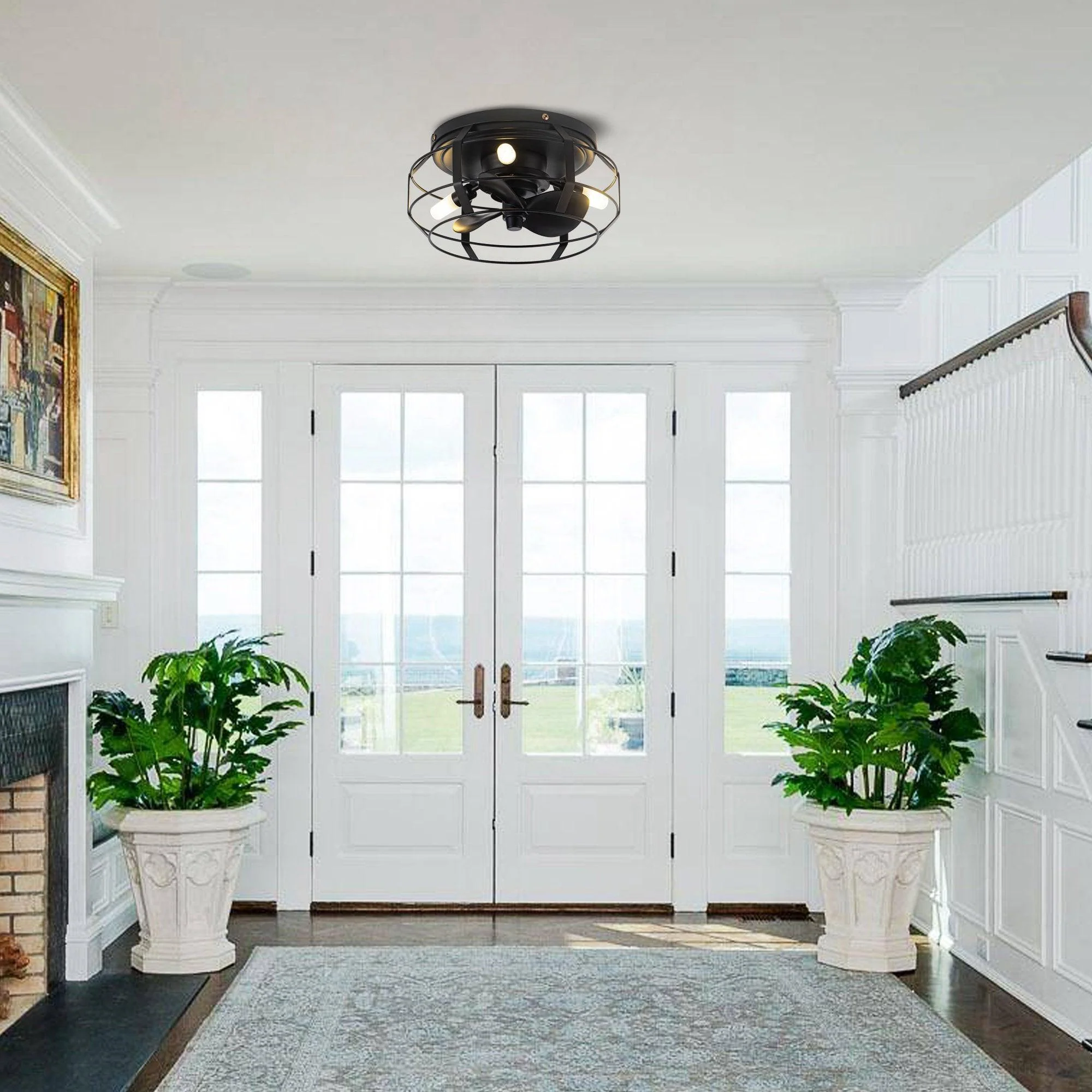 Parrot Uncle 12-Inch Flush Mount Low Profile Caged Small Ceiling Fan with Light and Remote Control