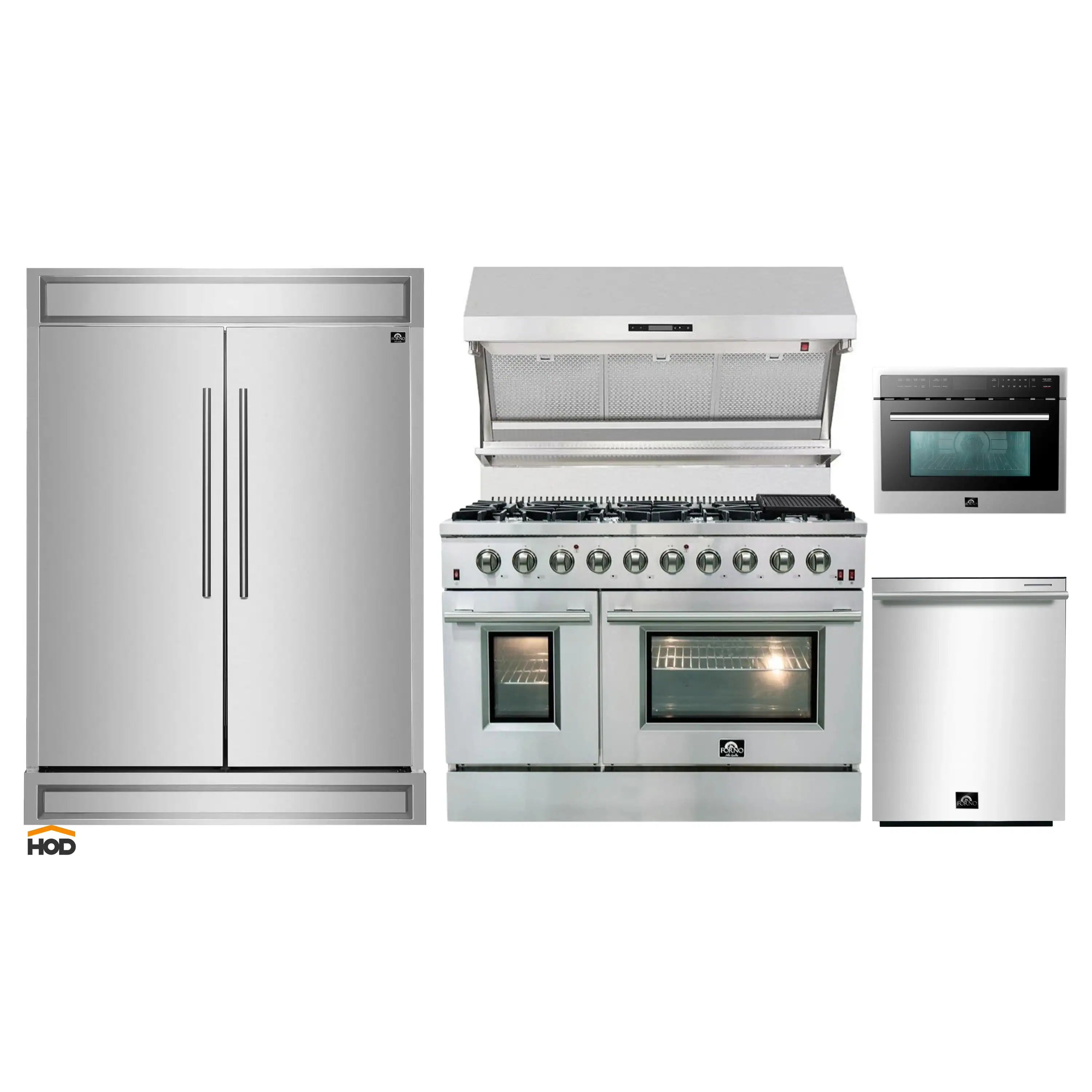 Forno 5-Piece Appliance Package - 48-Inch Gas Range, 60-Inch Refrigerator, Wall Mount Hood with Backsplash, 24-Inch Microwave Oven, & 3-Rack Dishwasher in Stainless Steel