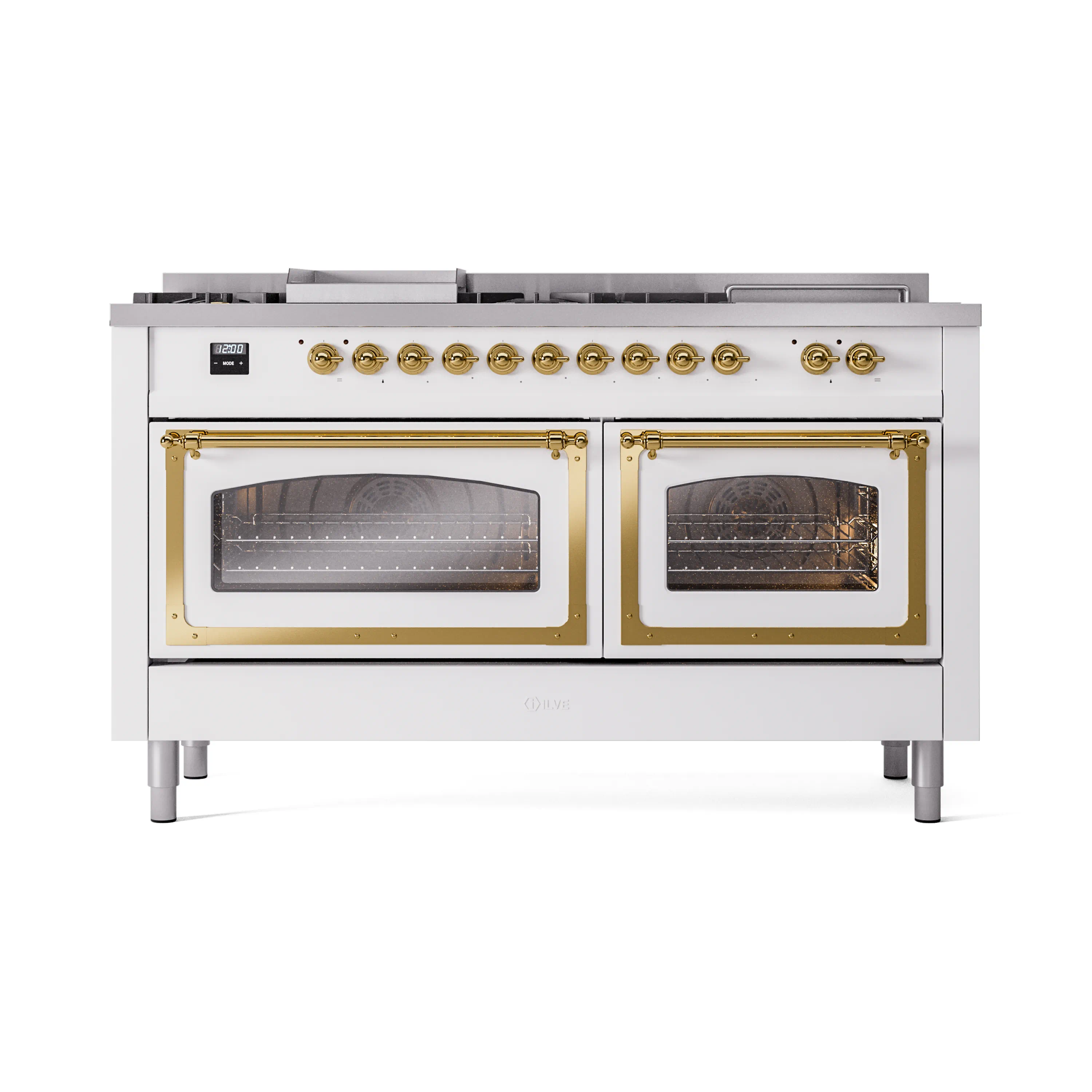 ILVE 60-Inch Nostalgie II Noblesse Dual Fuel Range with 7 Sealed Burners, Griddle, French Top, and Triple Glass Door Oven in White with Brass Trim (UN60FSNMPWHG)