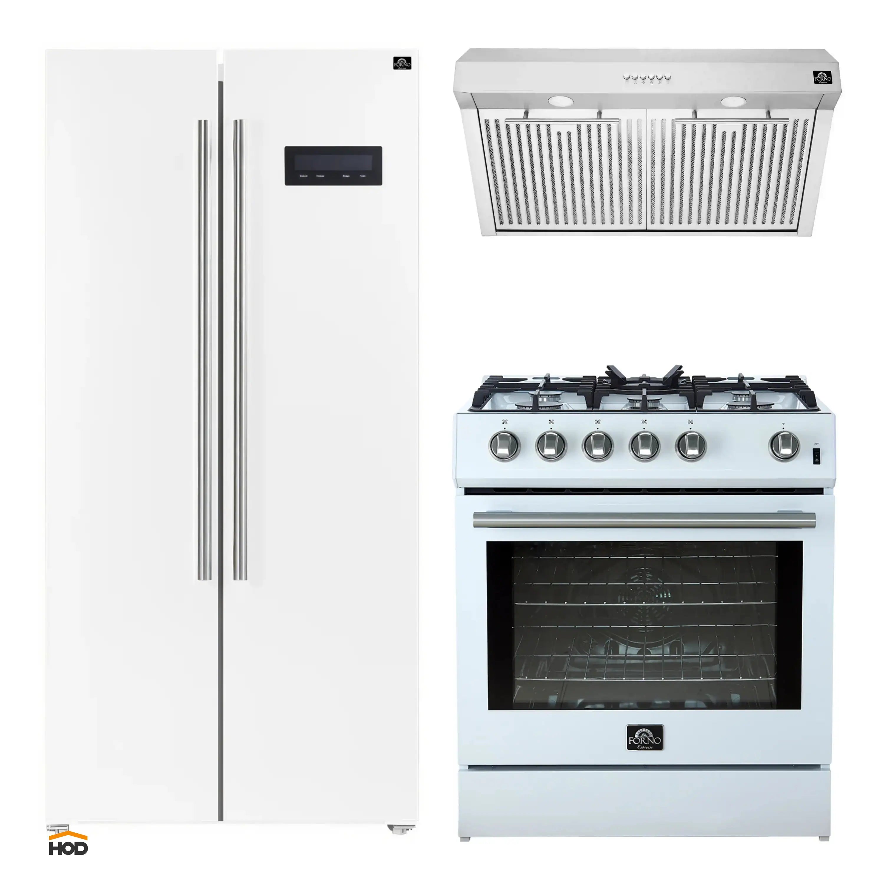 Forno 3-Piece Appliance Package - 30-Inch Gas Range, Under Cabinet Range Hood, & Side-by-Side Refrigerator in White with Stainless Steel Trim