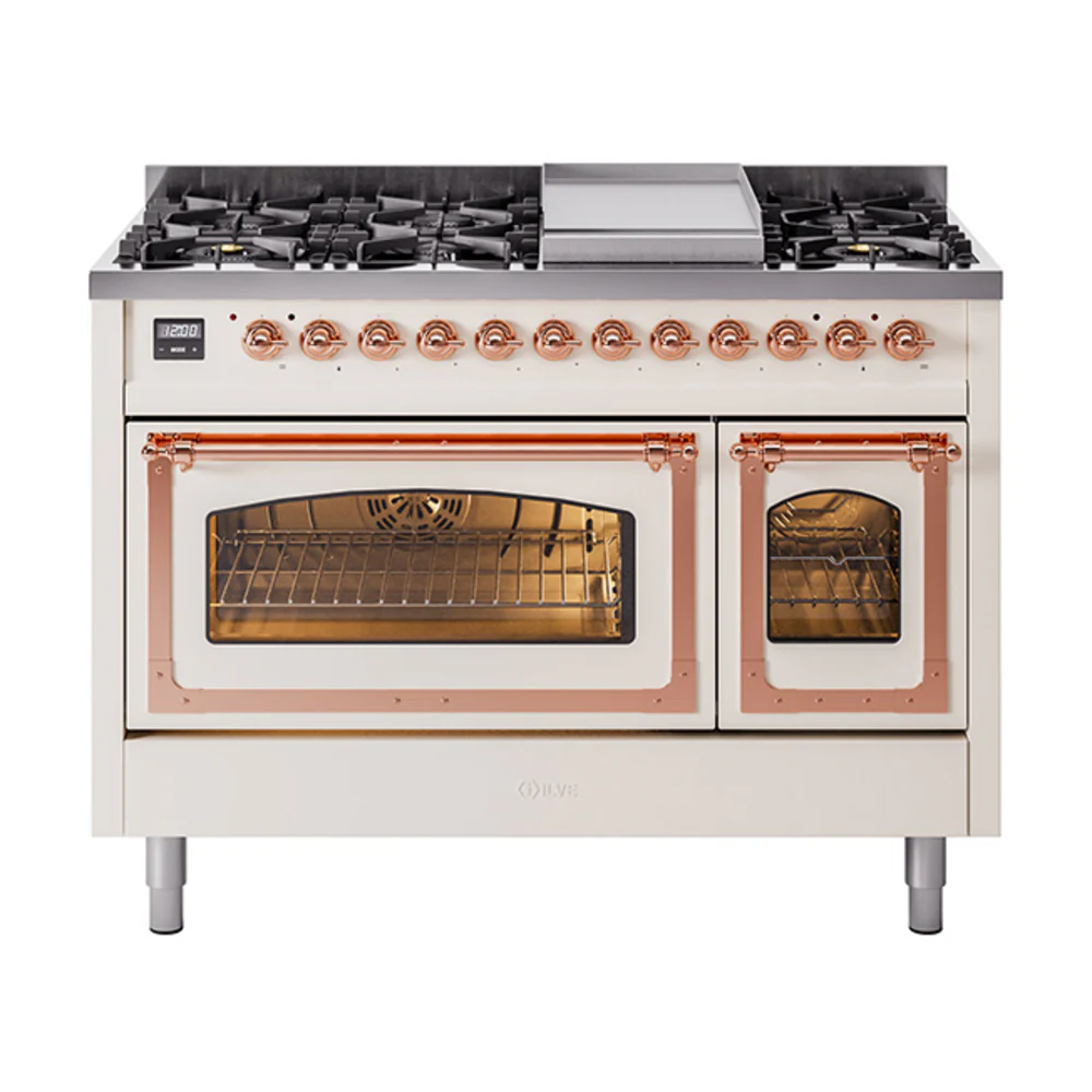ILVE Nostalgie II Noblesse 48-Inch Dual Fuel Freestanding Range in Antique White with Copper Trim (UN48FNMPAWP)