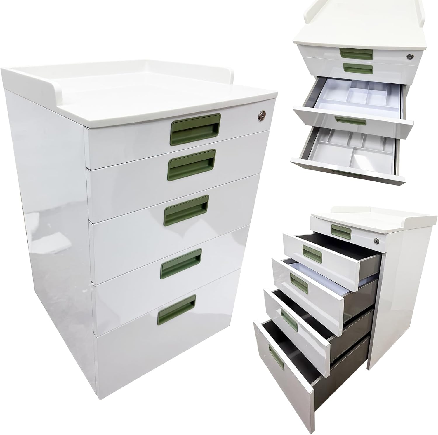 TECHTONGDA 4 Drawer Mobile Dental Assistant Cabinet with Lock and 2 Partition Trays Stainless Steel Medical Cart, White Utility Storage Cart for Clinic Hospital Office Home Use