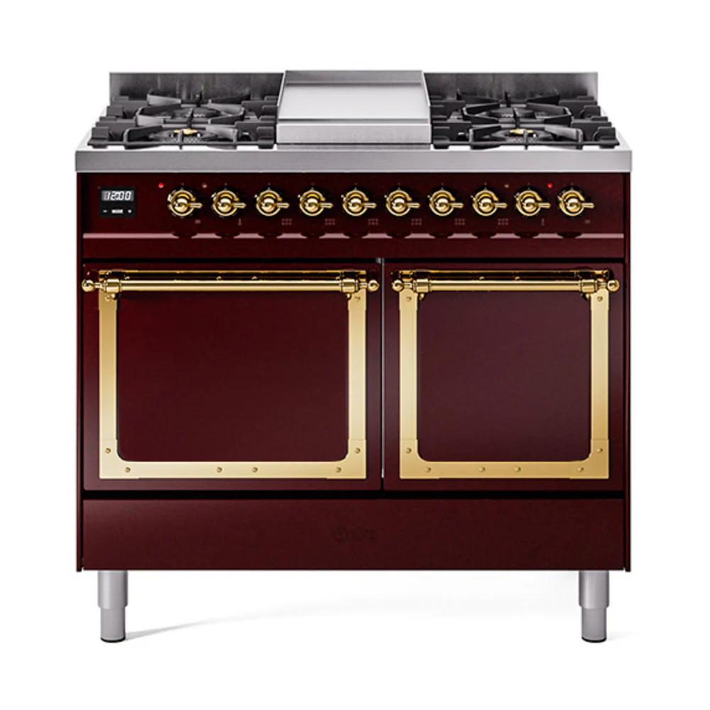 ILVE 40-Inch Nostalgie II Noblesse Dual Fuel Range with Solid Door Oven in Burgundy with Brass Trim (UND40FQNMPBUG)