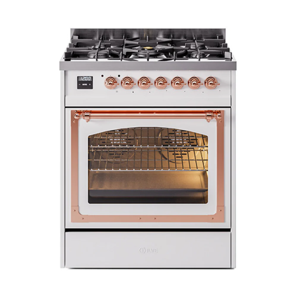 ILVE Nostalgie II Noblesse 30-Inch Dual Fuel Range with Triple Glass Door in White with Copper Trim (UN30NMPWHP)