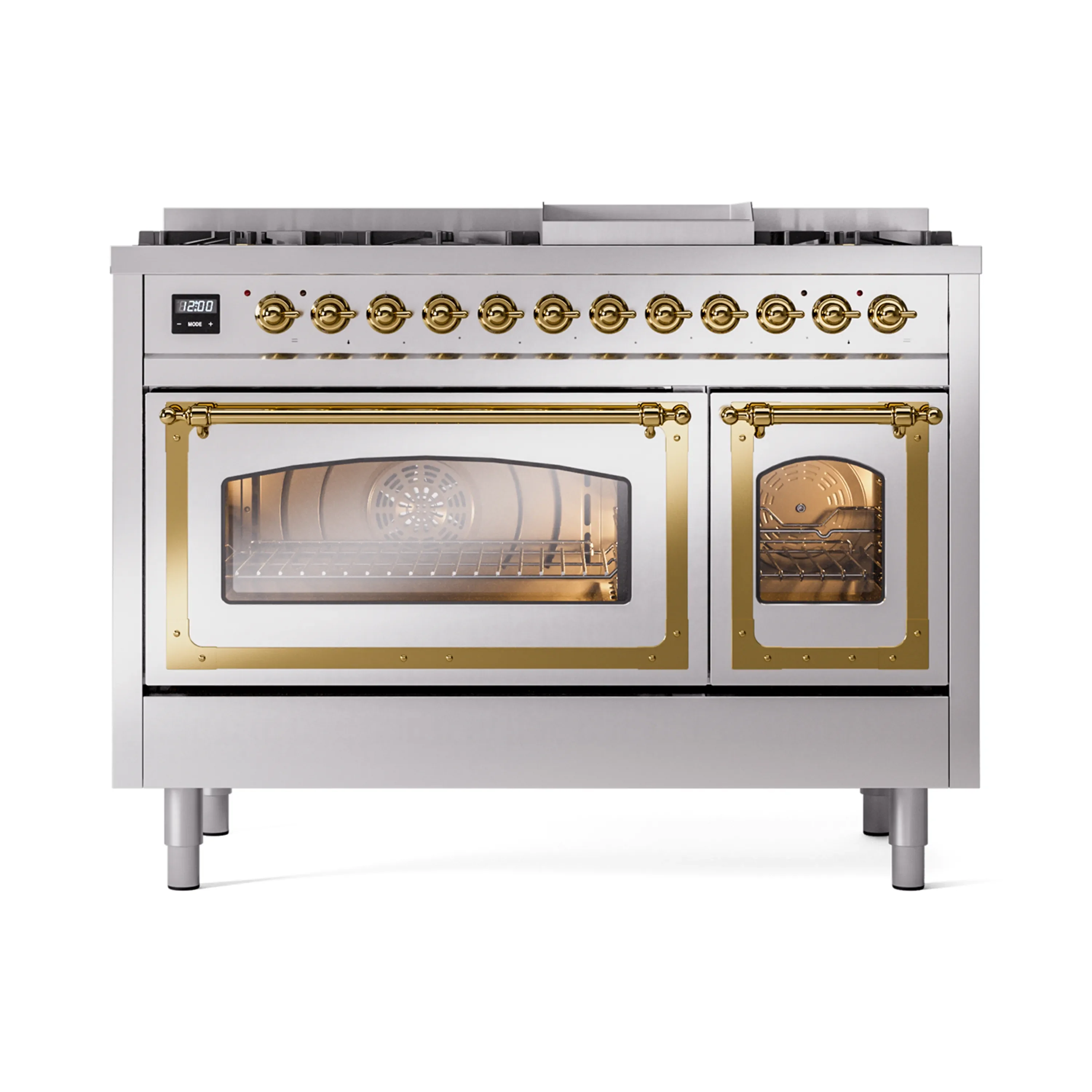 ILVE Nostalgie II Noblesse 48-Inch Dual Fuel Freestanding Range in Stainless Steel with Brass Trim (UN48FNMPSSG)