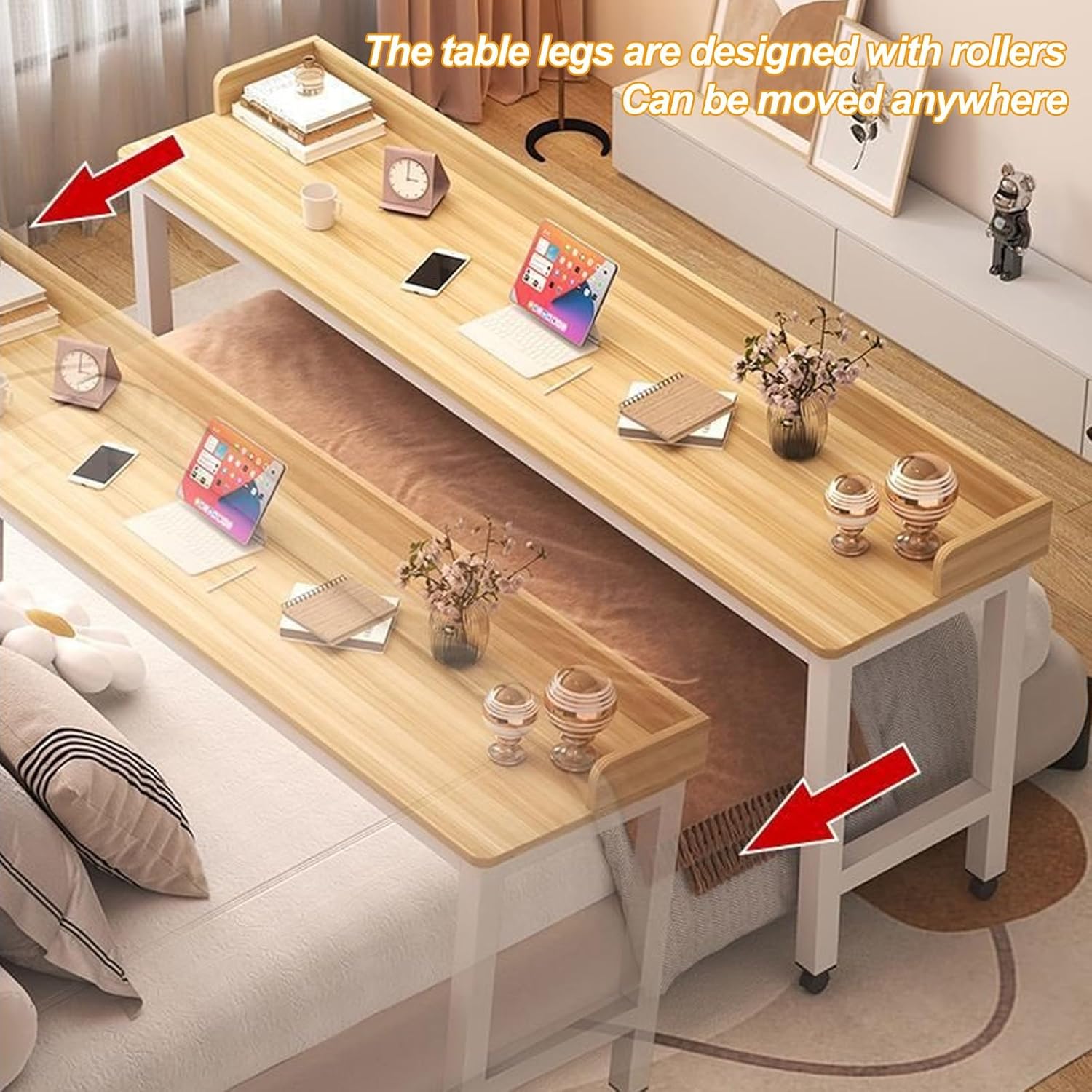 Mobile Overbed Table with Wheels, Heavy Duty Metal Leg Laptop Desk for Hospital and Home Use