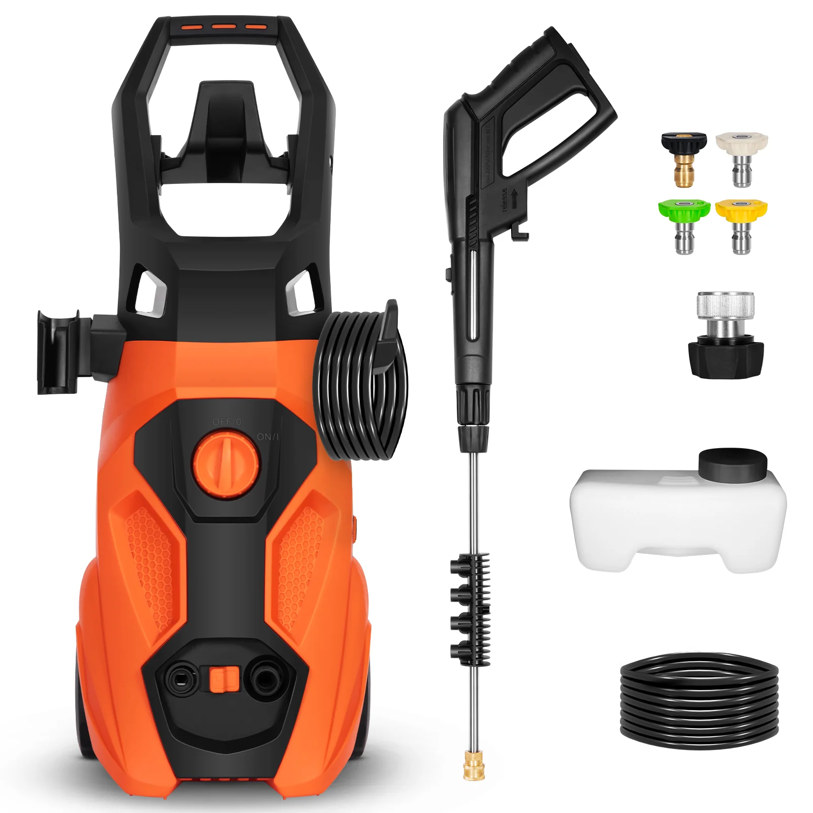Electric Pressure Washer, 2465 PSI 1.76 GPM Power Washer, 5-Nozzle Set, Built-in Soap Tank, 20 Ft Hose, 35 Ft Power Cord, Stainless Steel Wand, for Cars, Driveway, Home, Patios (Orange)