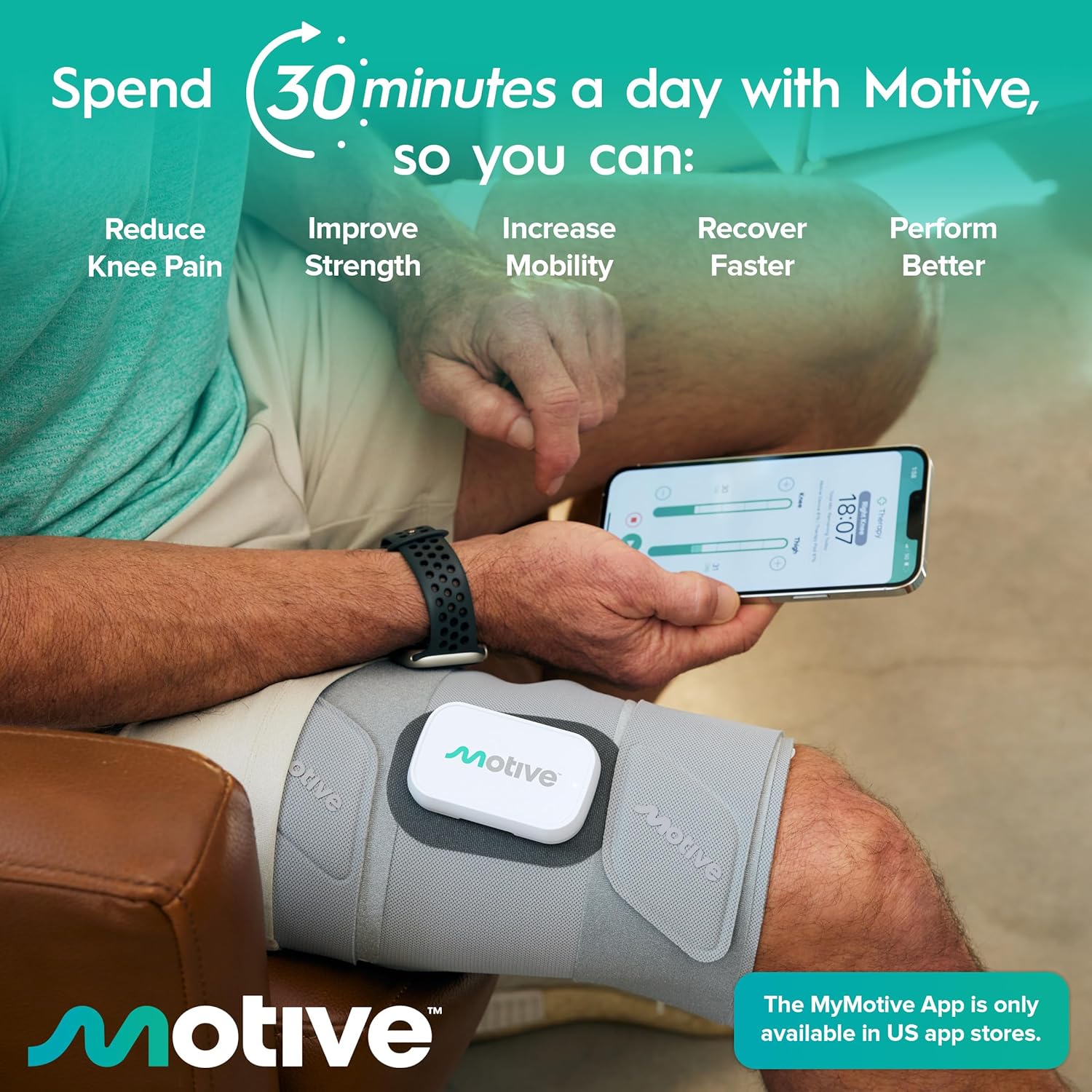 Motive Knee FDA Cleared NMES Knee Pain Relief Device for Quadriceps Strengthening, App-Controlled Knee Therapy Machine for at-Home Motive Knee Pain Therapy