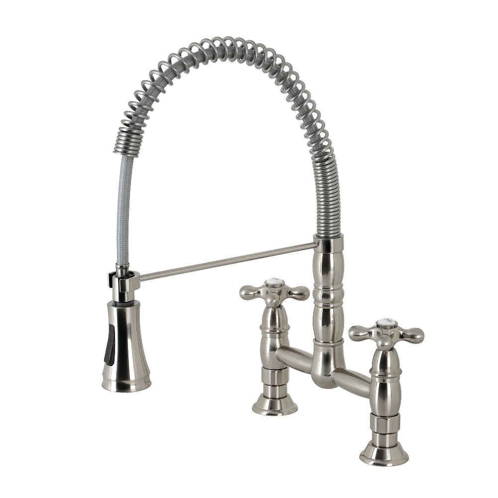 Kingston Brass Gourmetier Heritage Double-Handle Deck-Mount Pre-Rinse Bridge Kitchen Faucet, Brushed Nickel (GS1278AX)