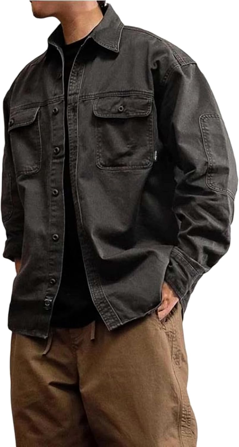 Hndudnff Men Denim Jacket Charcoal Washed Utility Relaxed Fit Casual Button Up Overshirt Workwear Jacket