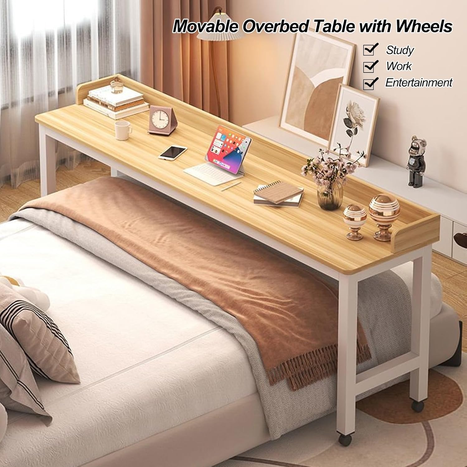 Mobile Overbed Table with Wheels, Heavy Duty Metal Leg Laptop Desk for Hospital and Home Use