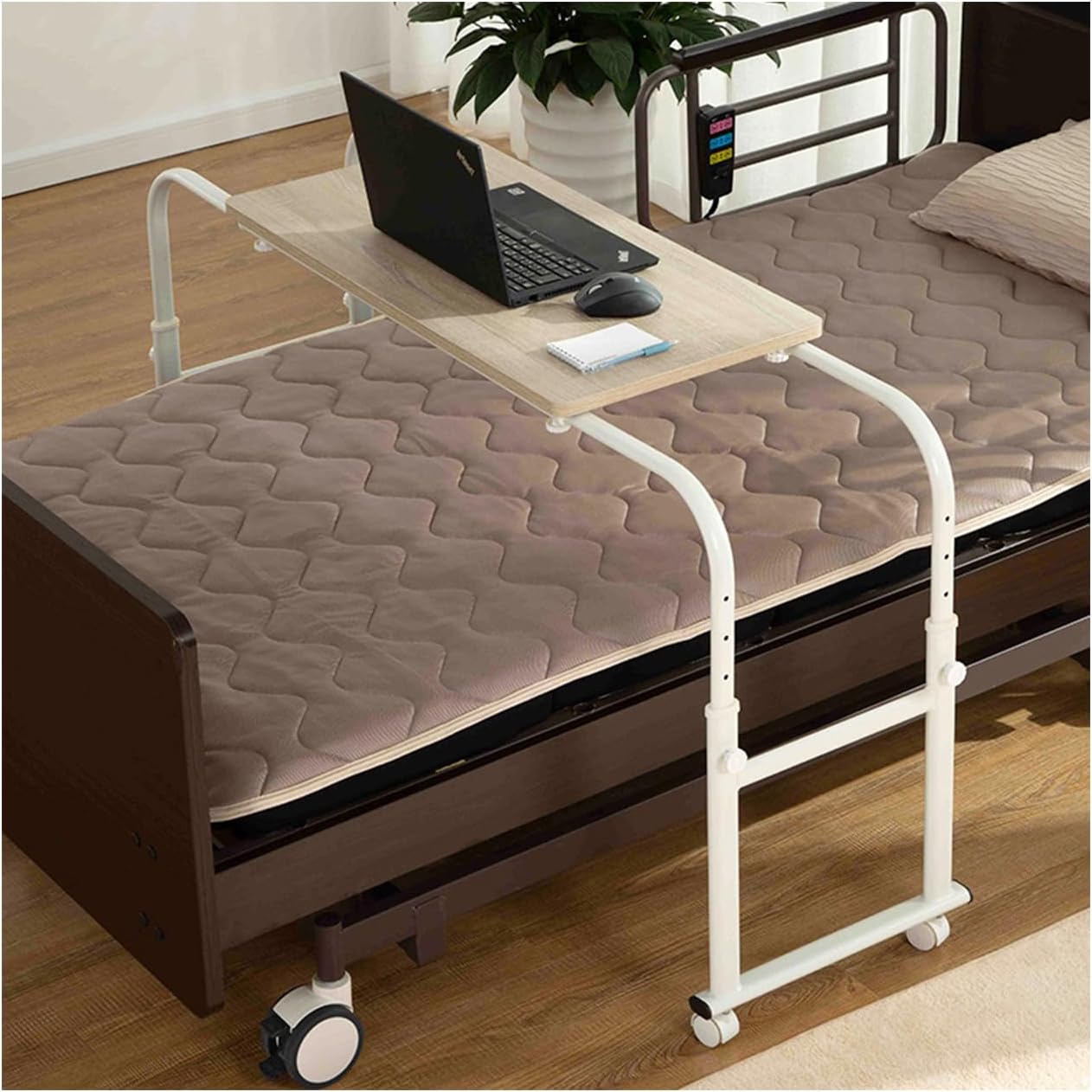 Free-Standing Folding Floating Table，Over Bed Desk Mobile Overbed Computer Table, Height & Length Adjustable Over Bed Table Tabletop Hospital Nursing Table for Home Office Use(Size:（97.5~137