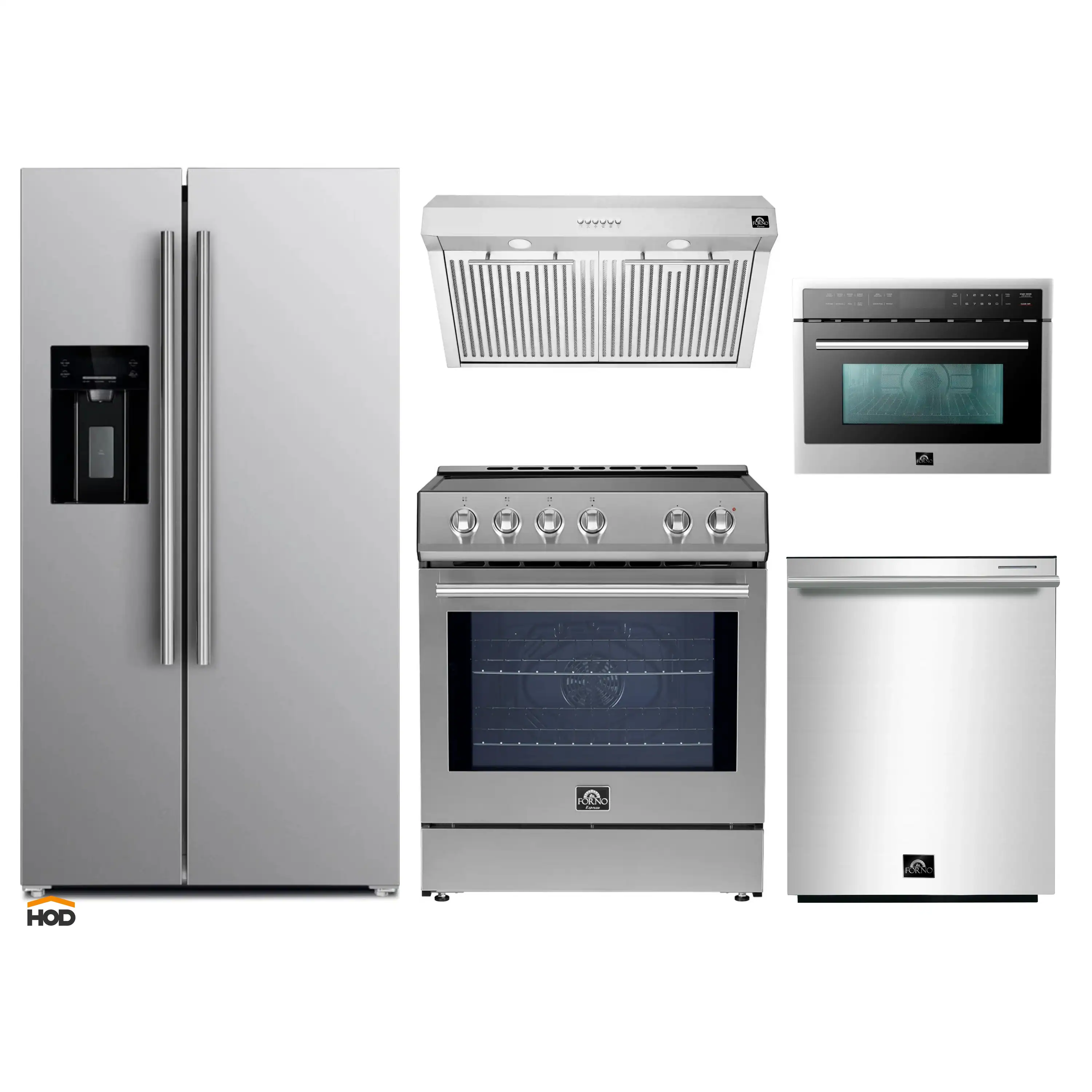 Forno 5-Piece Appliance Package - 30-Inch Inducton Range, Under Cabinet Range Hood, Refrigerator with Water Dispenser, Dishwasher, and 24-Inch Microwave Oven in Stainless Steel