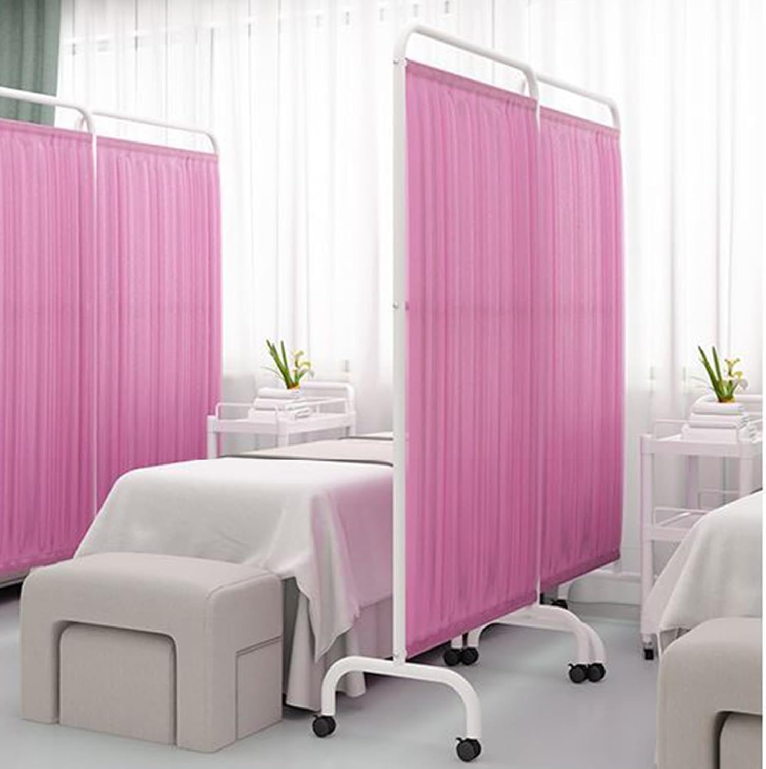 Medical Privacy Screen 5-Panel Room Divider with Wheels, Hospital Temporary Partition Wall for Wards & Living Rooms (Pink, 3-Panel) - Ideal for Healthcare & Home Use