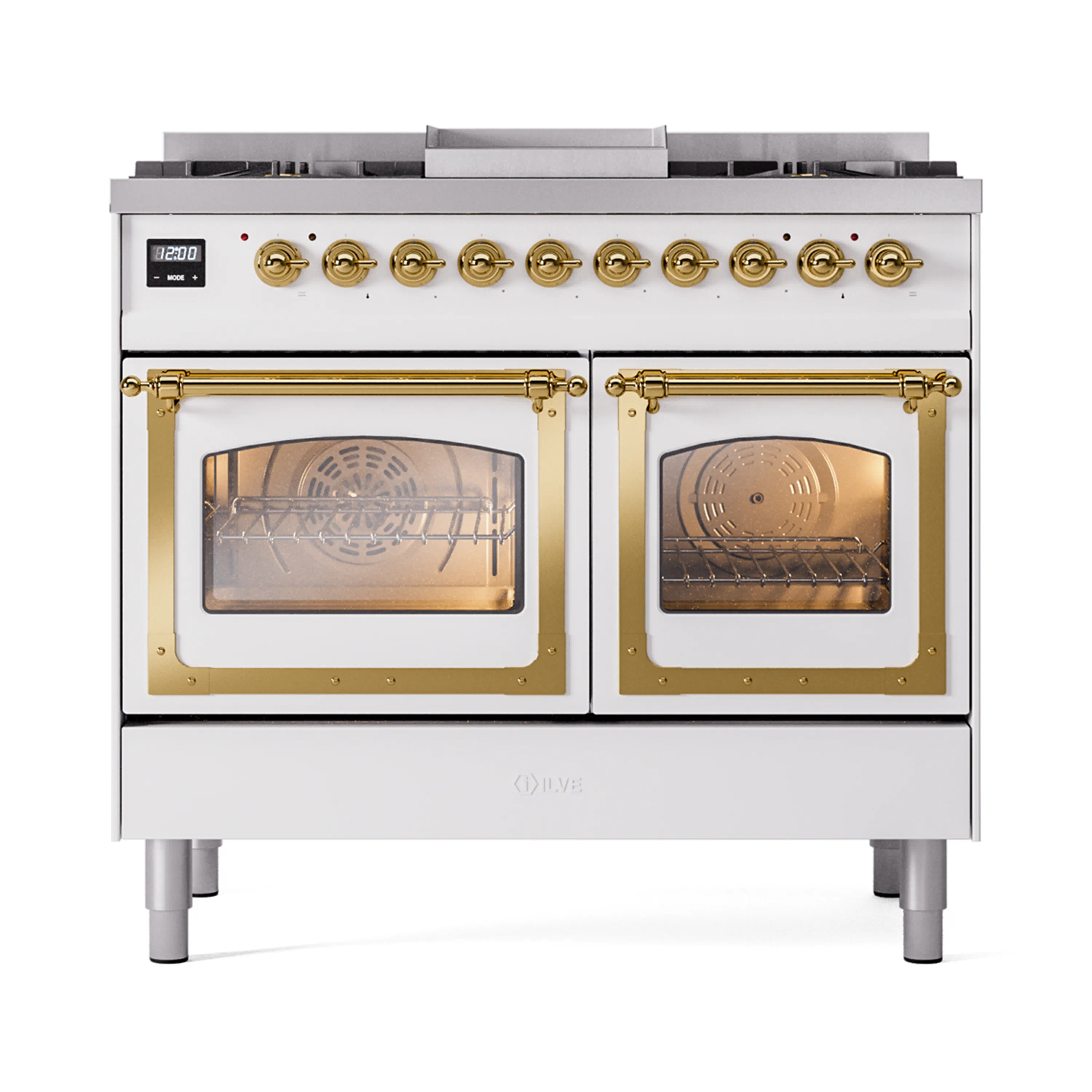 ILVE 40-Inch Nostalgie II Noblesse Dual Fuel Range with Triple Glass Door Oven in White with Brass Trim (UND40FNMPWHG)