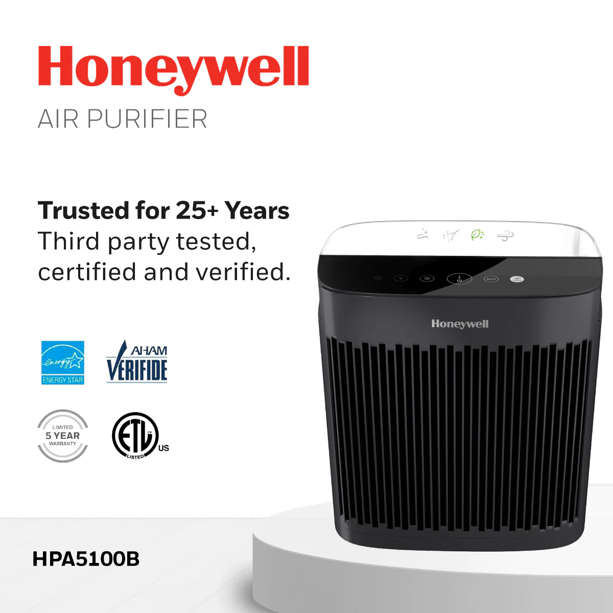 Honeywell HPA5100B Allergen+ True HEPA Air Purifier for Smoke, Pollen, and Dust