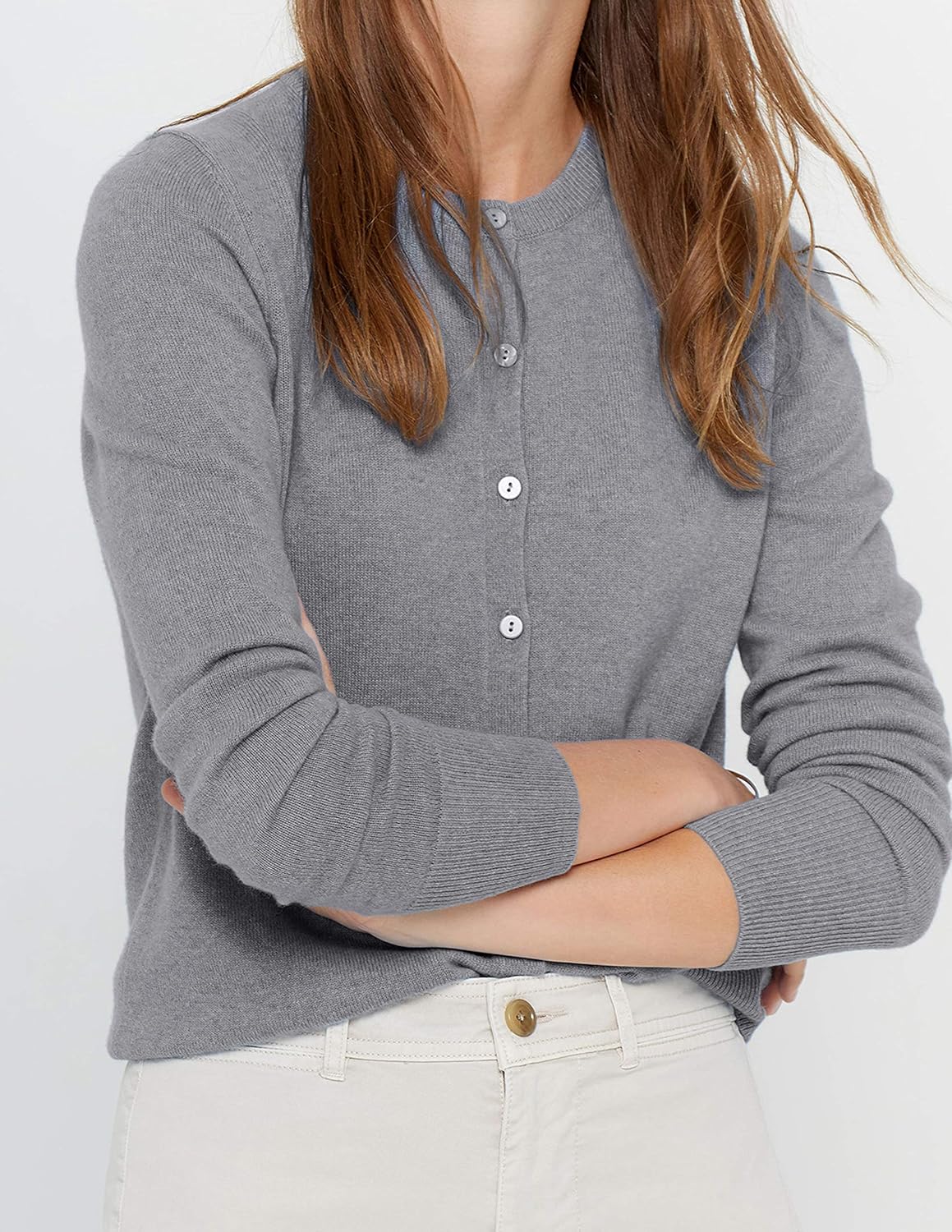 State Cashmere Women's 100% Pure Cashmere Button Front Long Sleeve Crew Neck Cardigan Sweater