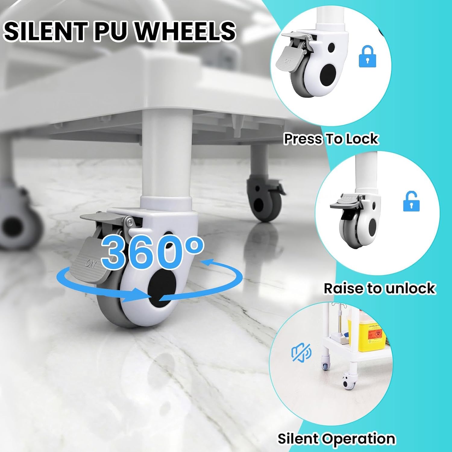 Rolling Utility Cart - ABS 110LBS Capacity, 3-Tier Utility Salon Rolling Trolley with 3 Big Baskets/2 Hidden Drawers, Rolling Cart with Drawers for Medical Supplies/Home/Salon