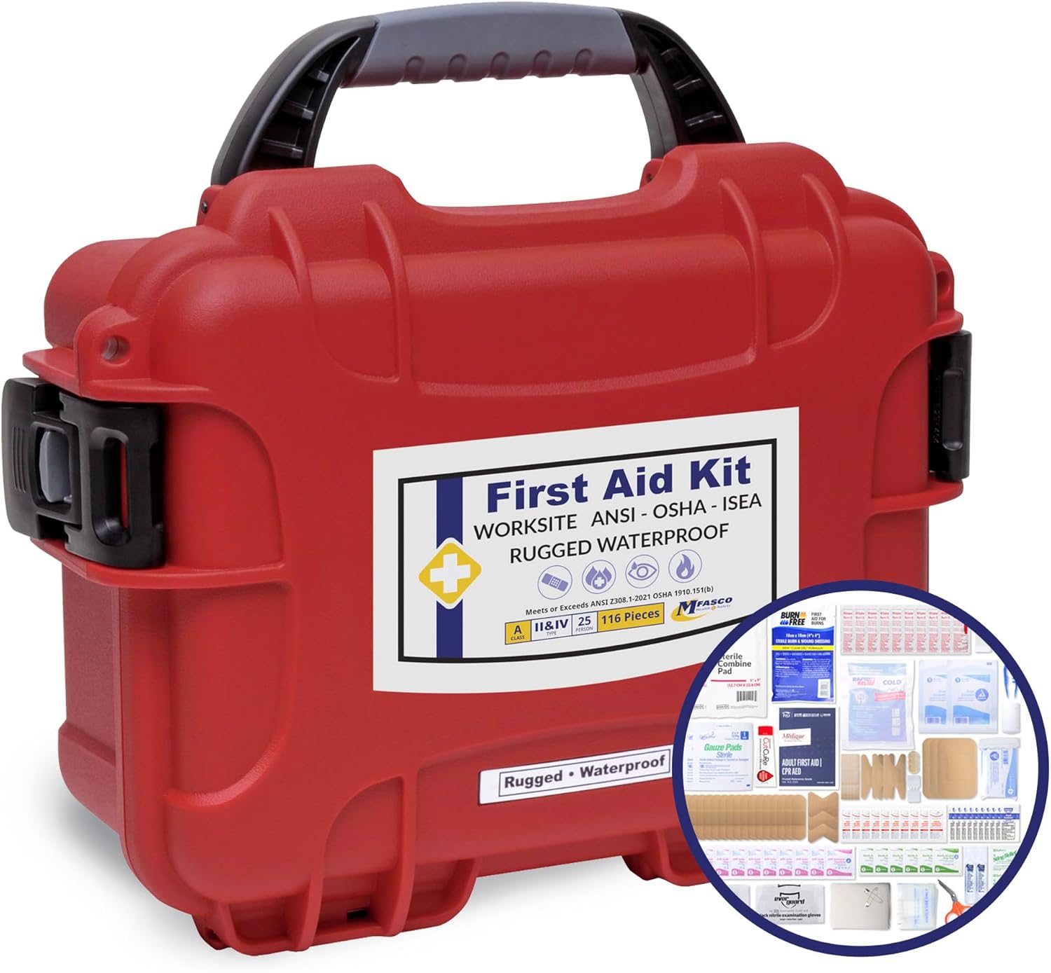 Worksite OSHA 2021Class A First Aid Kit - Rugged, Waterproof Case ANSI Type II & IV - Business, Office, Work, Construction - OSHA/ANSI Z308.1-2021 Compliant