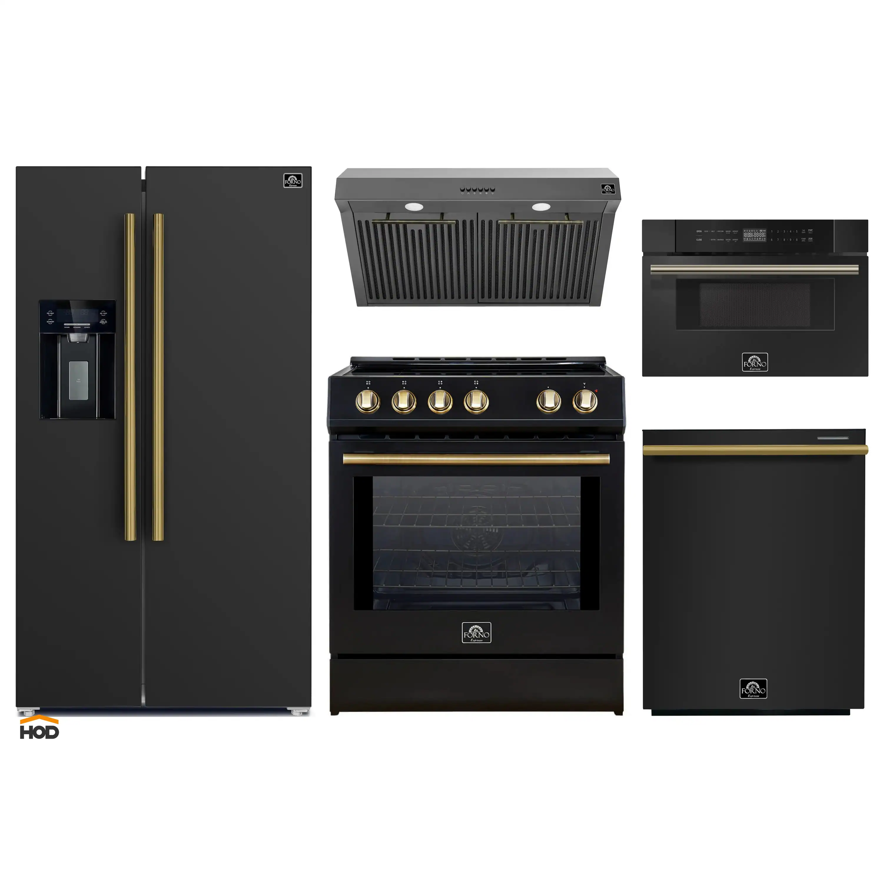 Forno 5-Piece Appliance Package - 30-Inch Induction Range, Under Cabinet Range Hood, Refrigerator with Water Dispenser, Dishwasher, and 30-Inch Microwave Drawer in Black with Antique Brass Trim