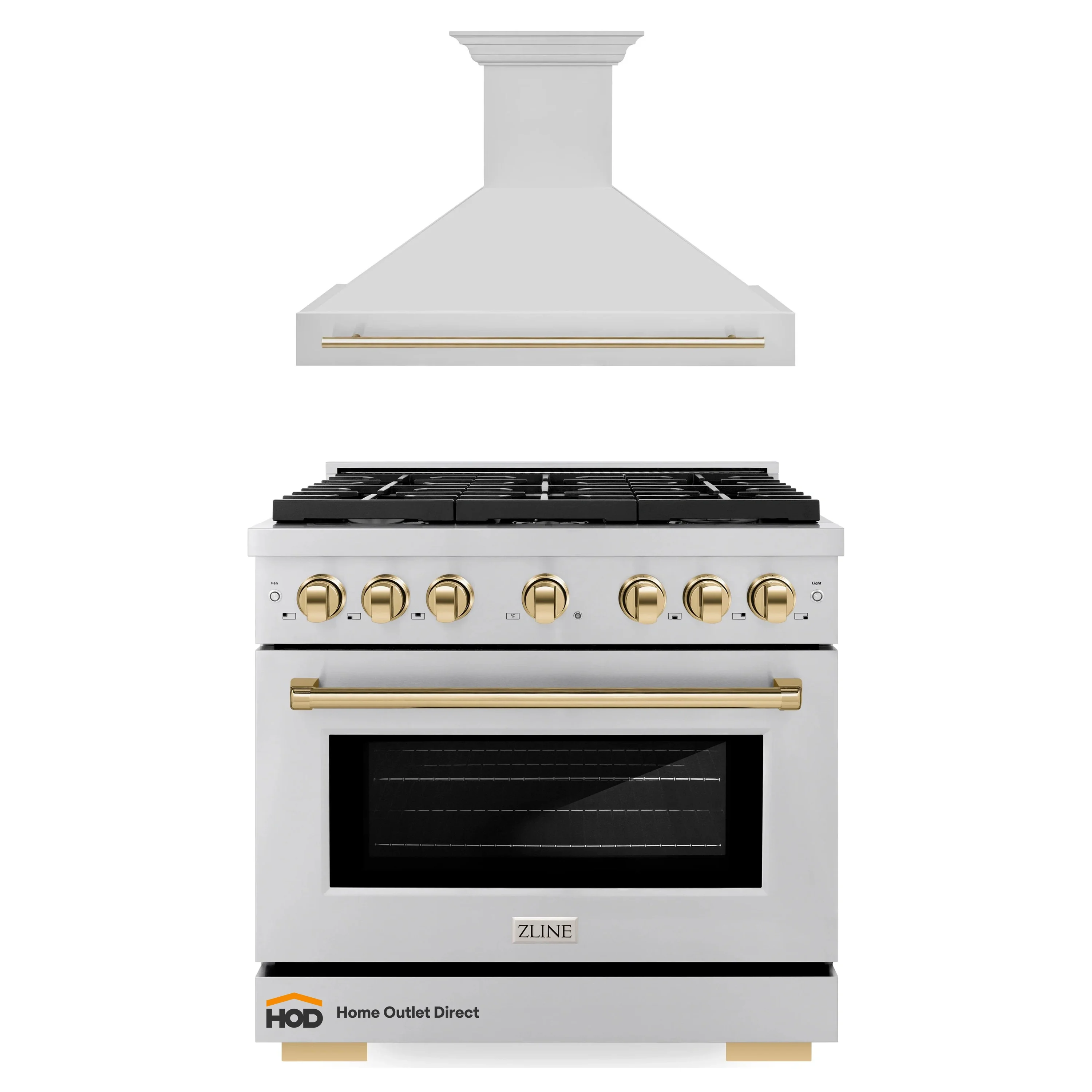 ZLINE Autograph Edition 2-Piece Appliance Package - 36-Inch Gas Range & Wall Mounted Range Hood in Stainless Steel with Gold Trim (2AKP-SGRRH36-G)