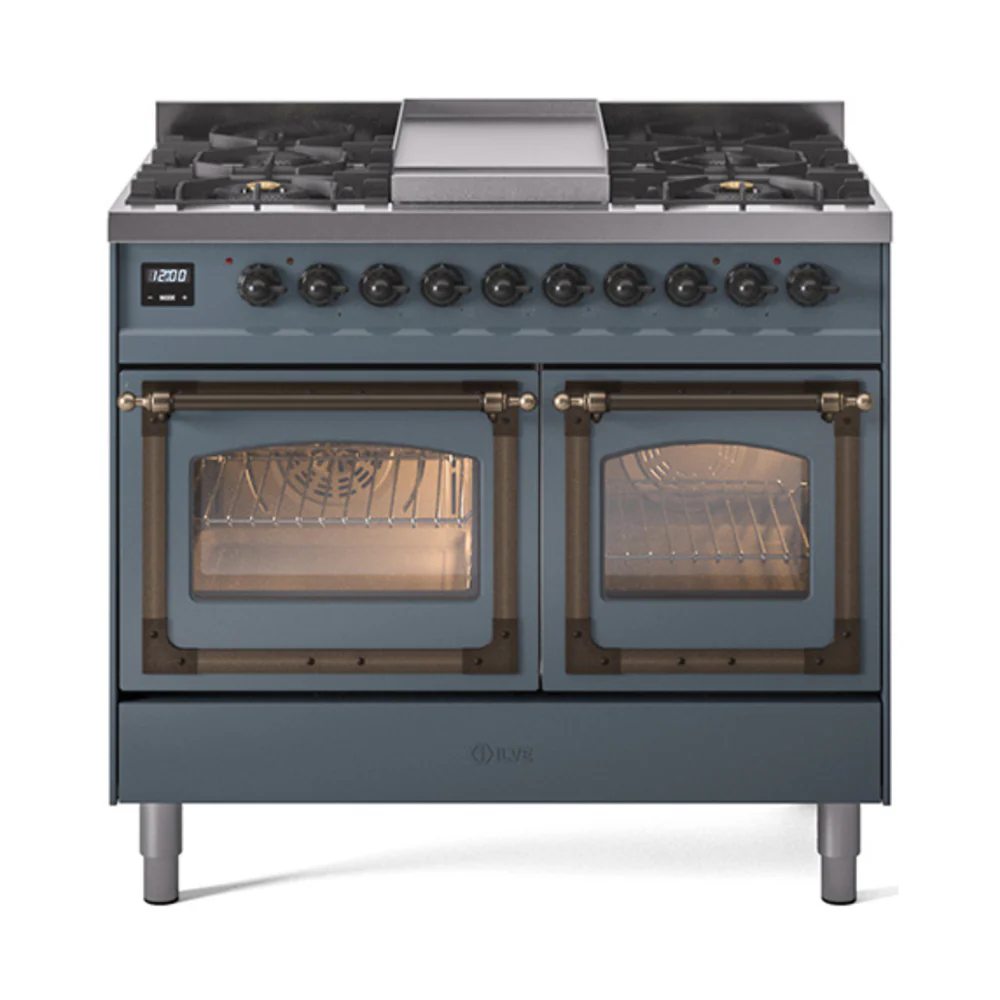 ILVE 40-Inch Nostalgie II Noblesse Dual Fuel Range with Triple Glass Door Oven in Blue Grey with Bronze Trim (UND40FNMPBGB)