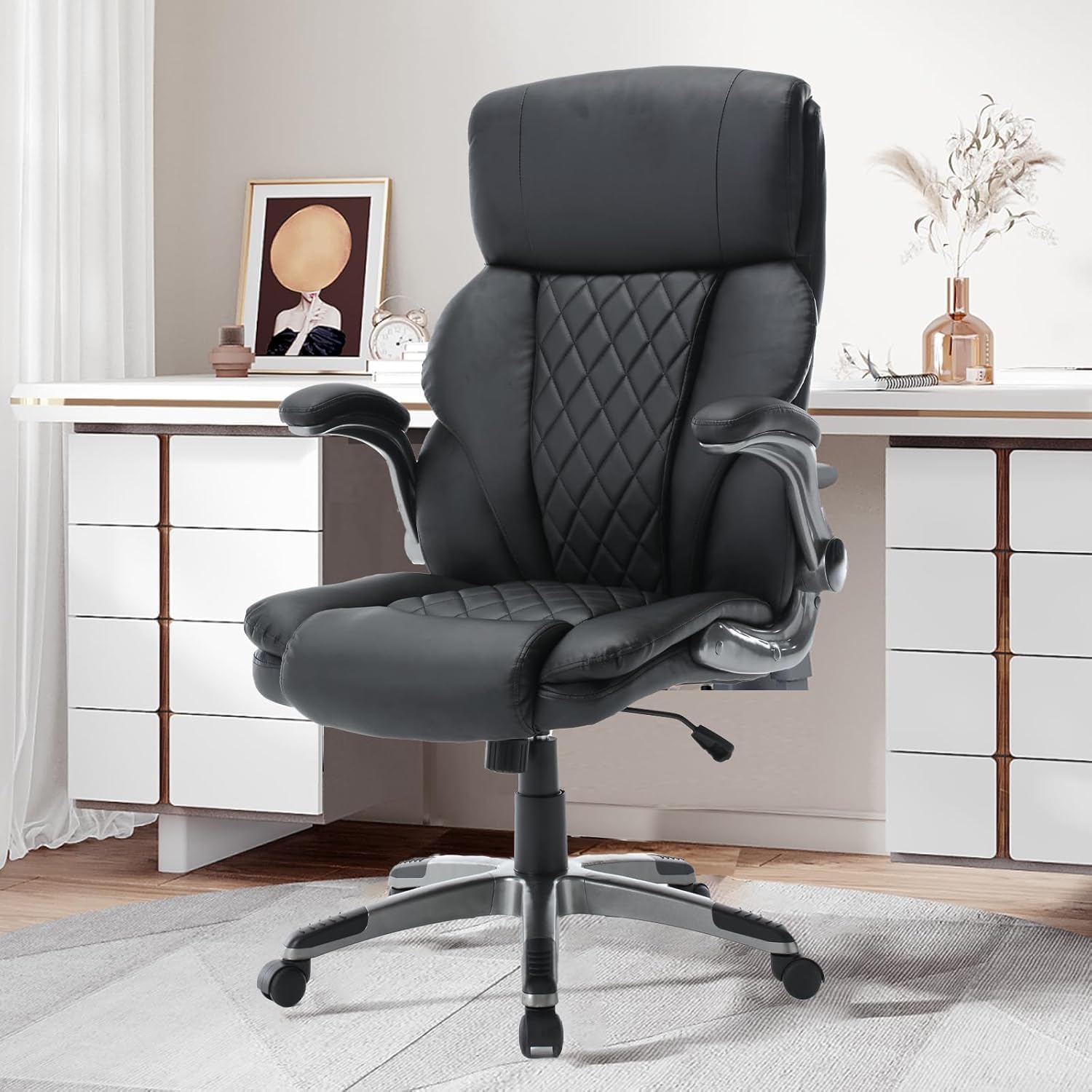 KCREAM Office Chair, Leather Office Chairs with Flip up Arms,Rocking High Back Cpmputer Desk Chairs with Lumbar Support, Executive Chairs with Wheels,Swivel Task Rolling Chair for Adult, Black