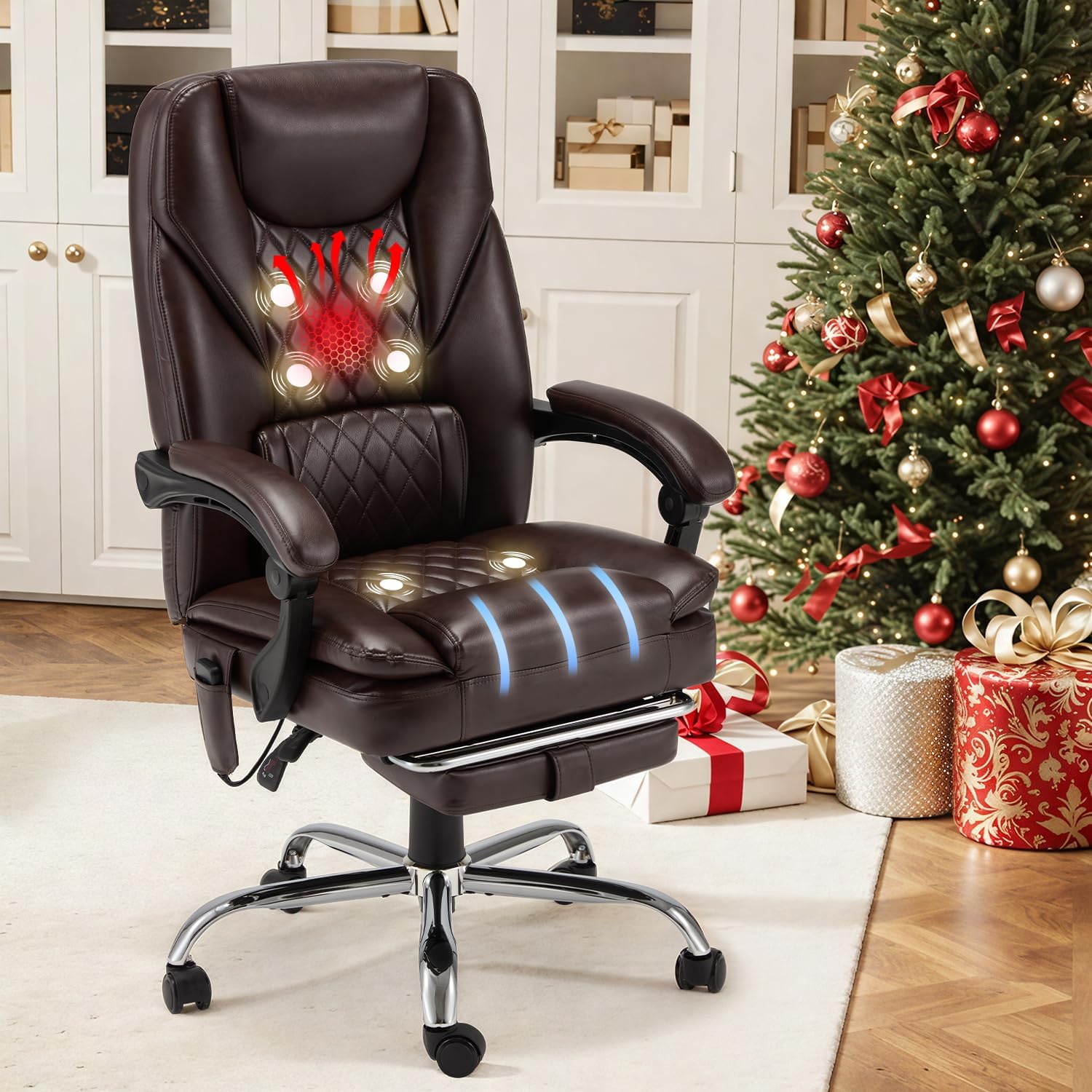 HOMREST 6-Point Massage Office Chair with Heat, 500lbs Big and Tall Executive Chair, Ergonomic Reclining Desk Chair with Footrest & Lumbar Support, Adjustable Armrest, PU Leather (Brown)