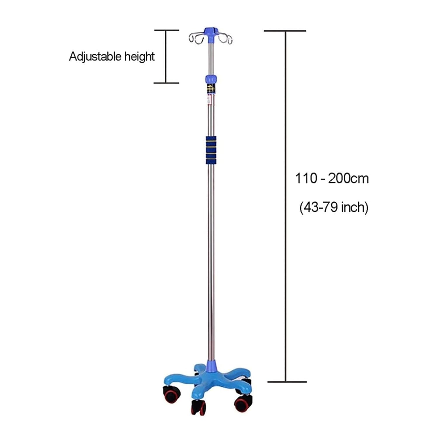 Adjustable Height IV Pole Stand with Wheels - Portable Mobile IV Pole for Home Use, Hospitals & Clinics, 4 Hook Rolling IV Stand with Sturdy Steel Base and Easy-Grip Knob, Adjustable