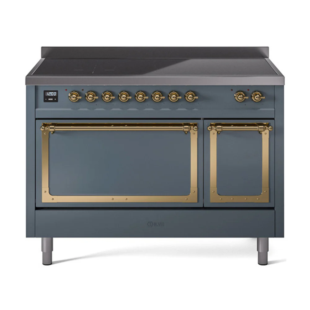 ILVE Nostalgie II Noblesse 48-Inch Induction Range with Solid Door Oven in Blue Grey with Brass Trim (UNI486QNMPBGG)