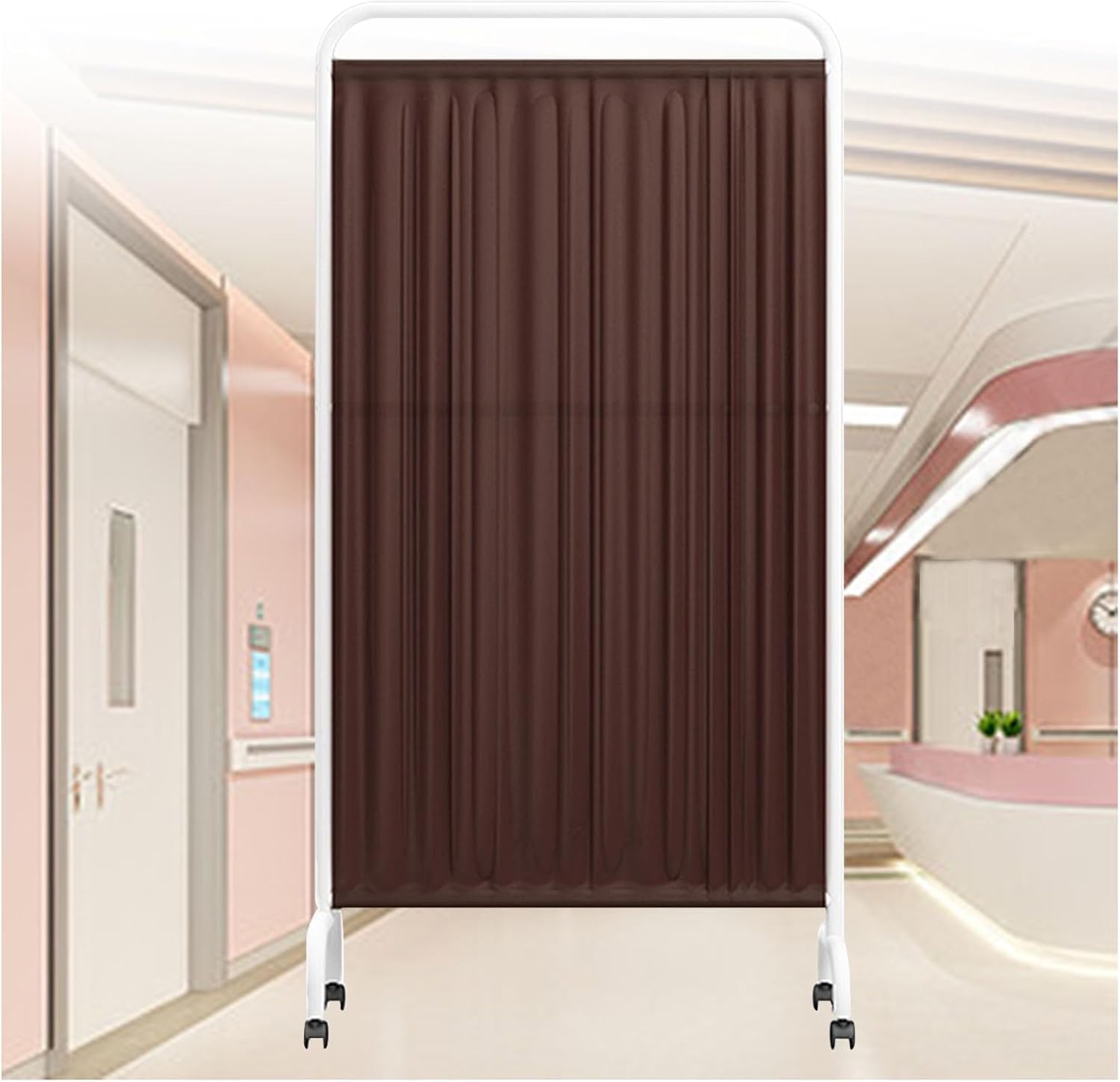 5-Panel Folding Privacy Screen with 360° Wheels, Medical Room Divider for Office, Clinic, Restaurant, and Hall – Brown Protective Privacy Partition