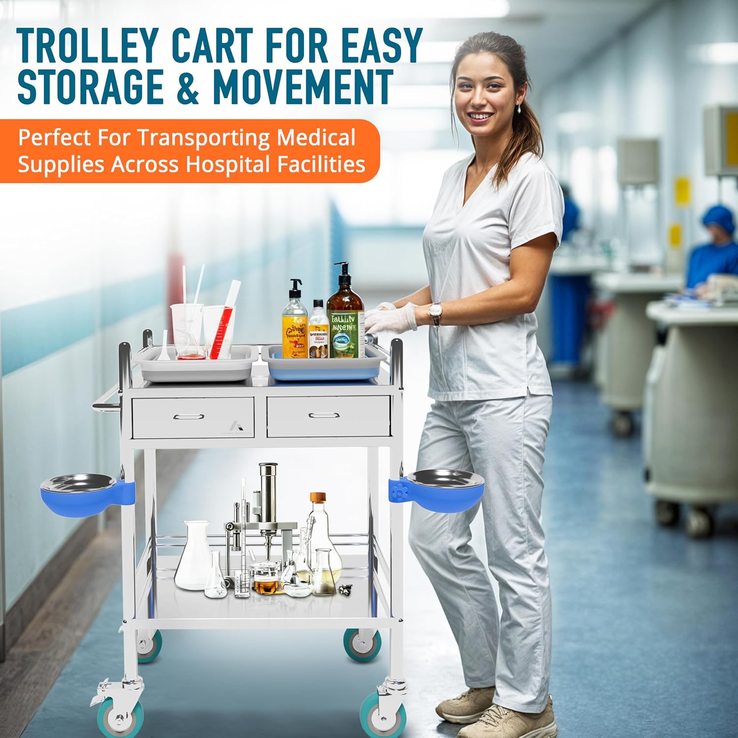 *Improved & Upgraded* Medical Stainless Steel 2 Tier Rolling Cart with Wheels and Drawers | Dental Hospital Nursing Trolley | Easy-to-Disinfect Phlebotomy Mobile Workstation