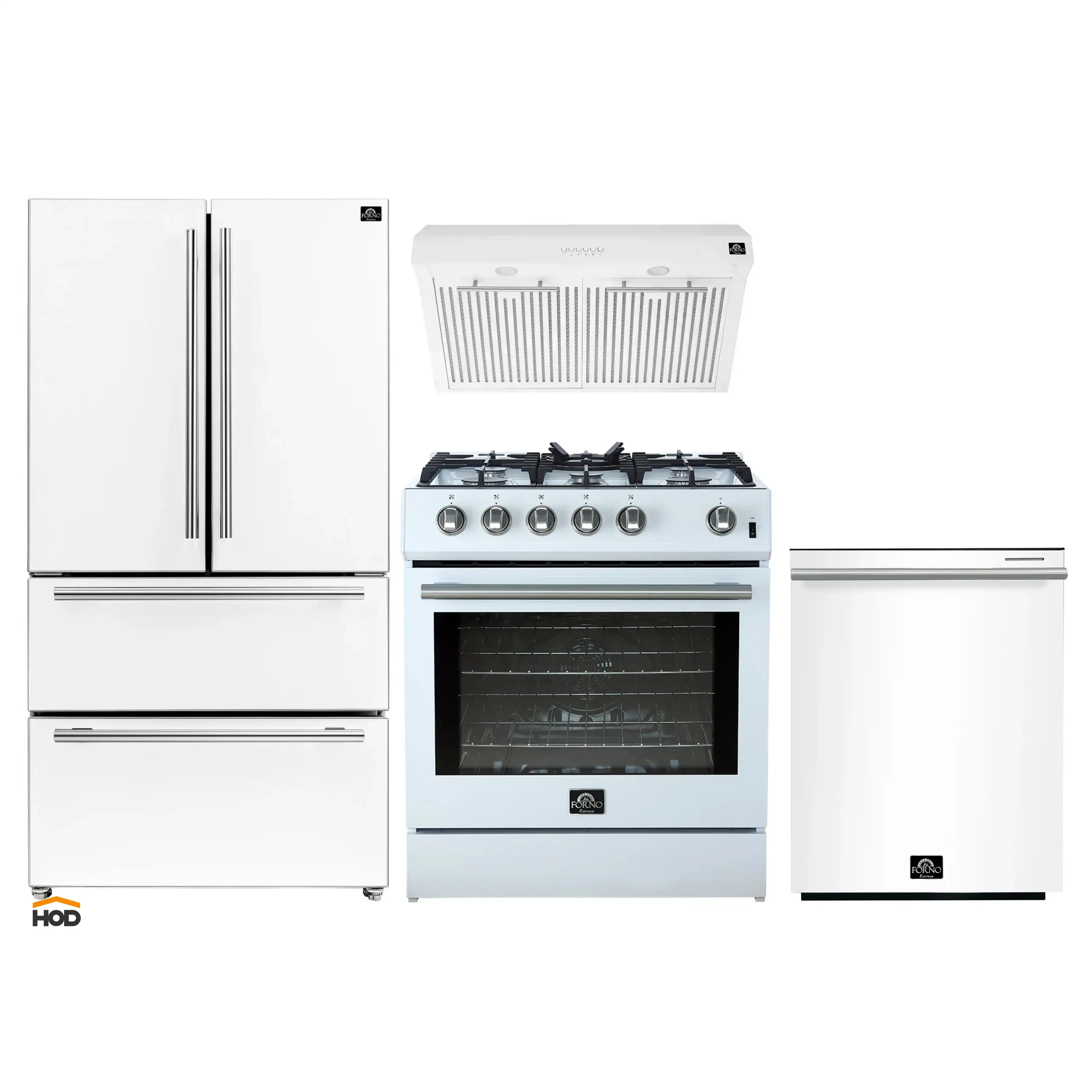 Forno 4-Piece Appliance Package - 30-Inch Gas Range, Under Cabinet Range Hood, Refrigerator, and Dishwasher in White with Stainless Steel Trim